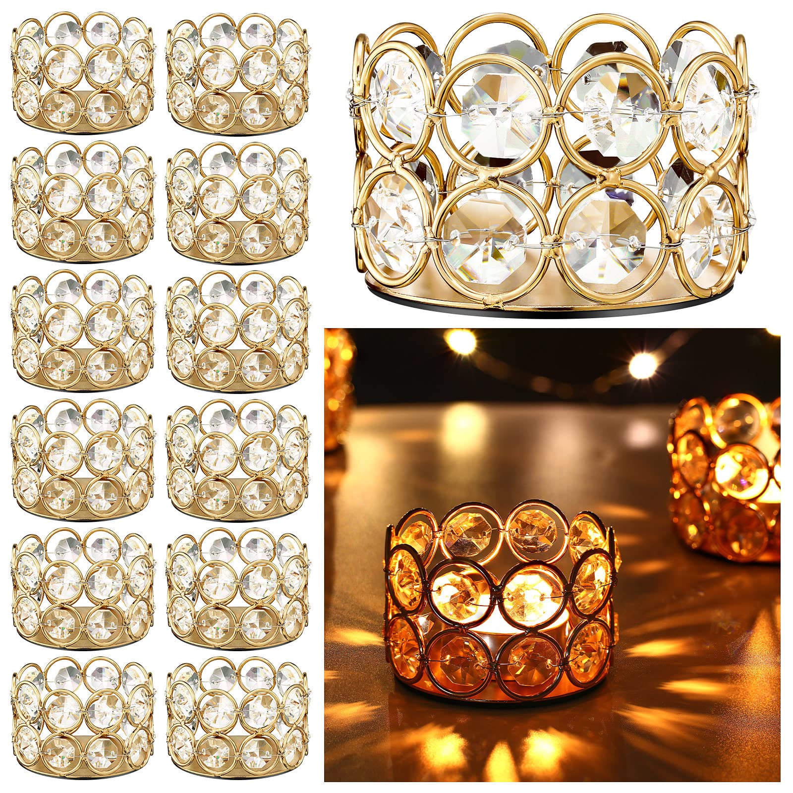 12-Piece Elegant Gold Crystal Votive Candle Holders - Tealight Centerpieces for Wedding, Home, Party Decor (Candles Not Included) | Perfect for Table Settings, Romantic Dinners & Holiday Decorations