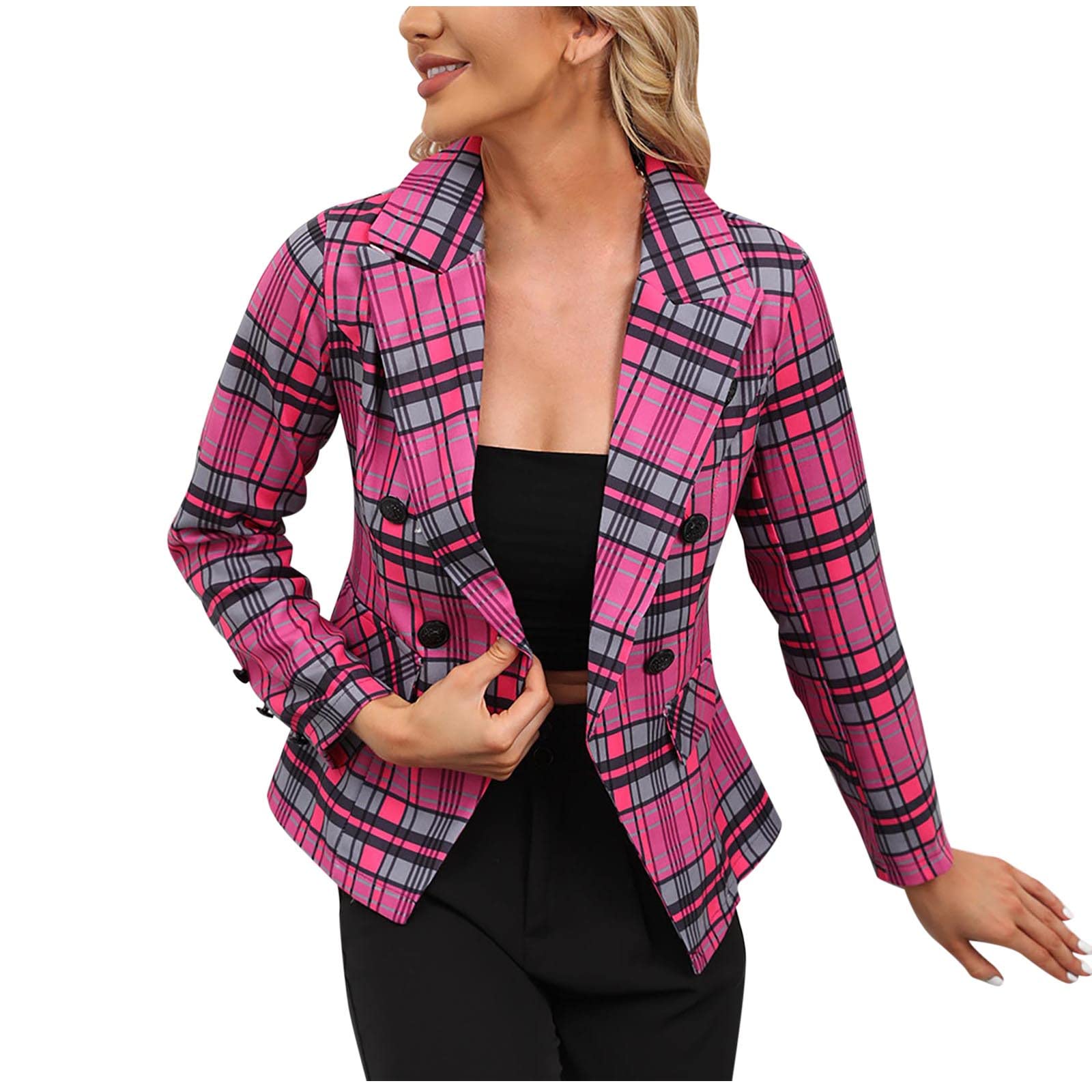 Women's Lightweight Plaid Blazer - Casual Long Sleeve Jacket for Work & Outings