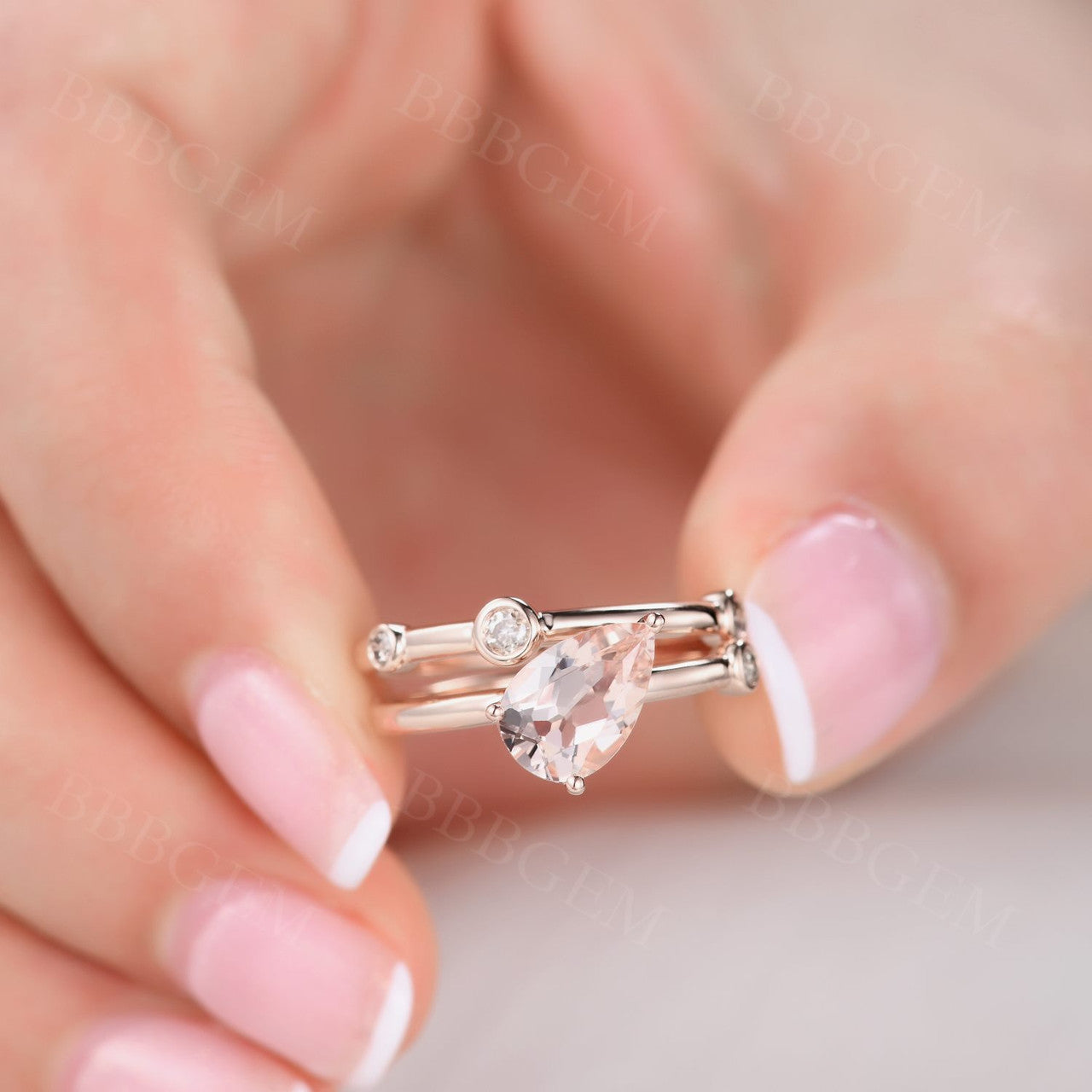 6x9mm Pear Shaped Morganite Engagement Ring Set with Coffee Diamond Accents - Perfect for Wedding Proposals, Anniversary Gifts & Special Occasions
