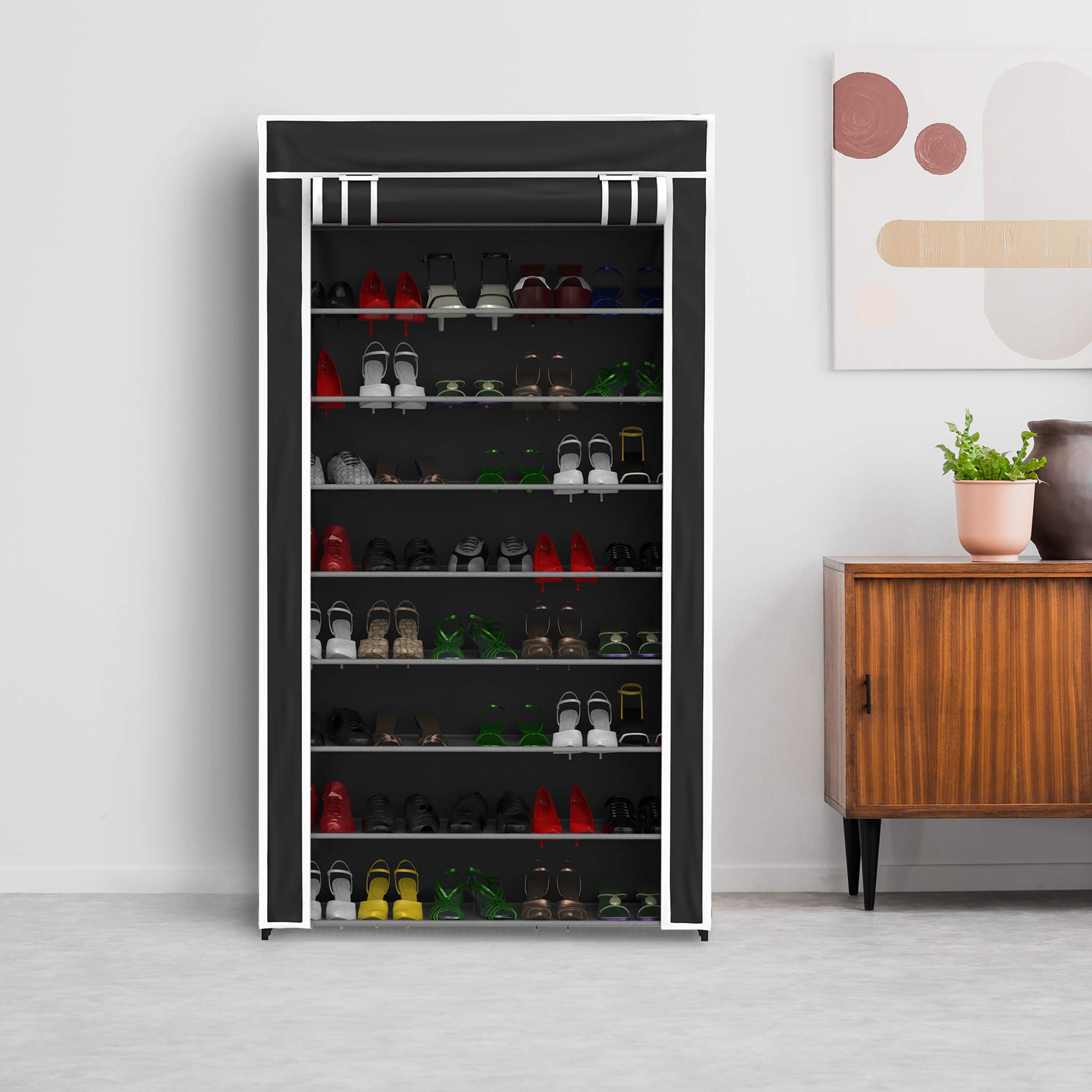 9-Tier Shoe Storage Rack with Dust Cover & Sturdy Metal Frame - Freestanding Vertical Shoe Organizer Cabinet for Closet, Entryway & Bedroom - Black