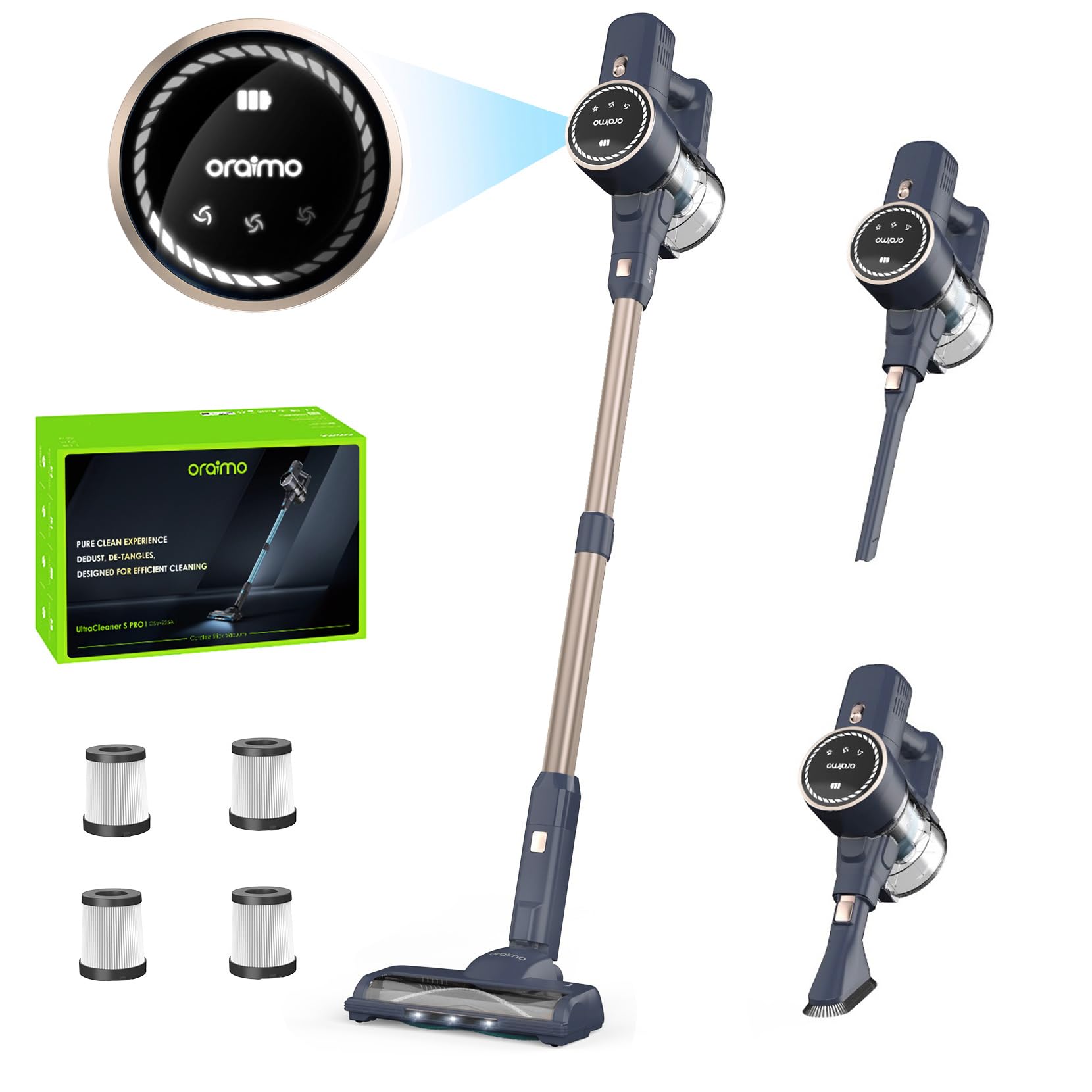 Oraimo Cordless Vacuum Cleaner 270W - 24KPa Powerful Suction, 45 Min Runtime, LED Display, 3 Modes, Self-Standing, Anti-Tangle Floor Brush, 4 HEPA Filters - Ideal for Hardwood Floors, Carpets, Pet Hair & Home Cleaning