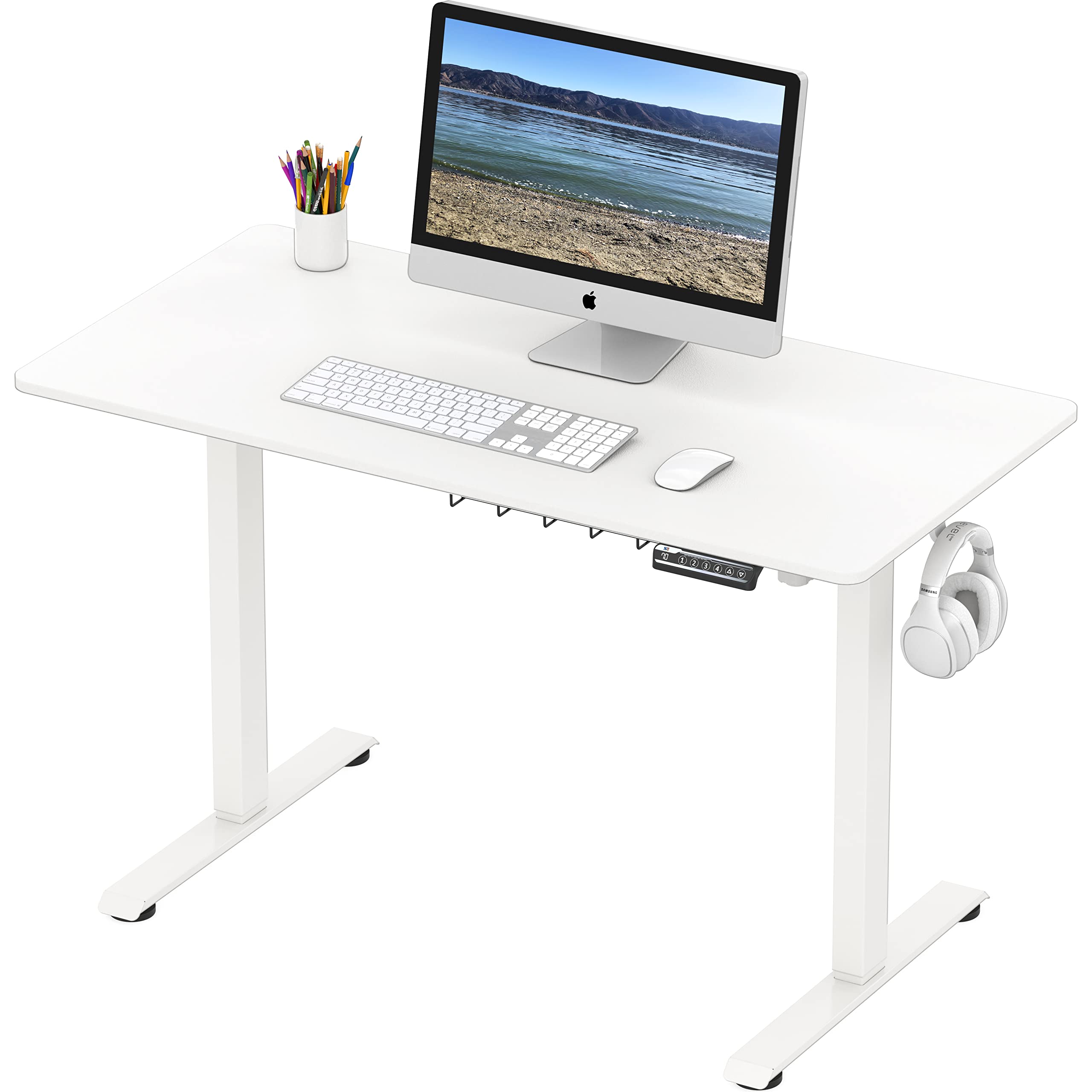 SHW 48-Inch Electric Height Adjustable Sit to Stand Desk with Hanging Hooks & Cable Management, 122 x 60cm White - Perfect for Home Office, Gaming & Workspace Ergonomics