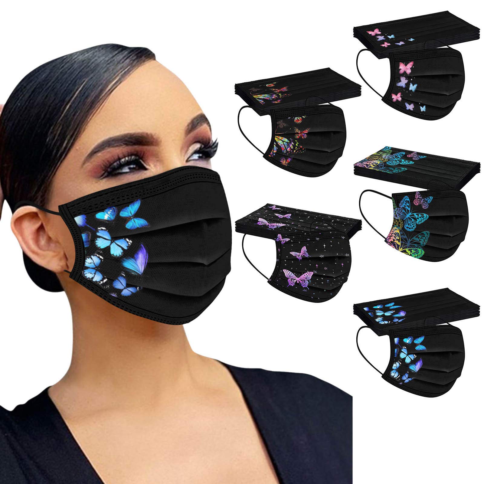 50 Pack Black Butterfly Printed Disposable Face Masks for Adults - Fashionable Breathable Face Coverings & Bandanas for Women - Perfect for Daily Use, Travel, and Outdoor Activities