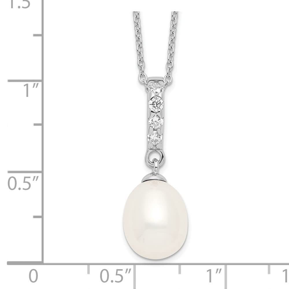 Sterling Silver 9mm White Pearl Cubic Zirconia Pendant Chain Necklace - 17 Inch Elegant Slide Necklace for Women, Perfect for Weddings, Parties & Everyday Wear