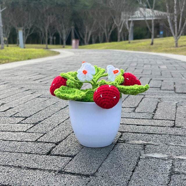 Handmade Crochet Potted Strawberry Bush - Decorative Artificial Plant for Home, Office & Gift - Perfect for Indoor Decor, Shelf Display & DIY Crafts