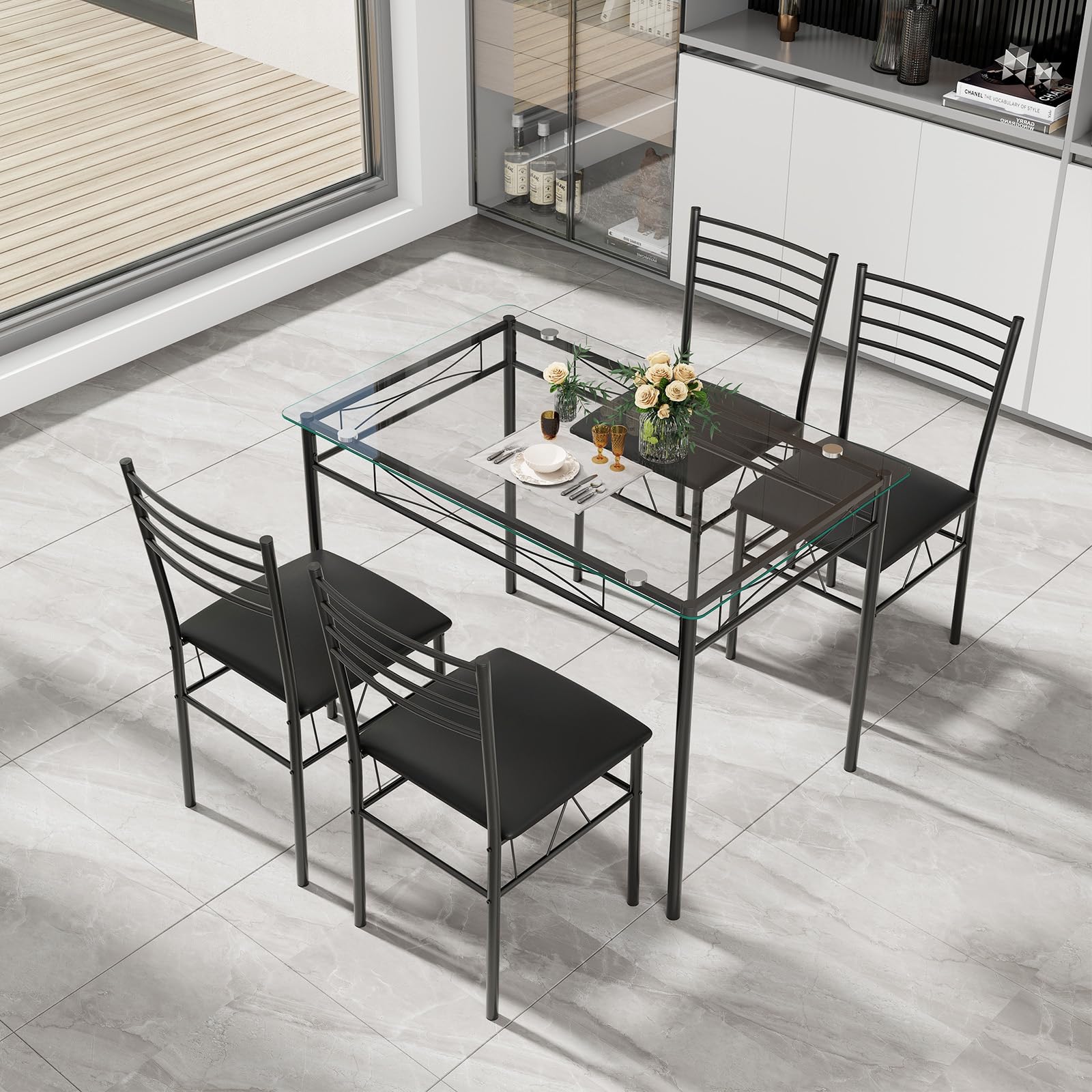 NAFORT 5-Piece Modern Dining Table Set with Tempered Glass Top & 4 Upholstered Chairs - Space Saving Kitchen Table for Small Apartments, Breakfast Nook, Office or Dorm Room - Sturdy Metal Frame & 3/8