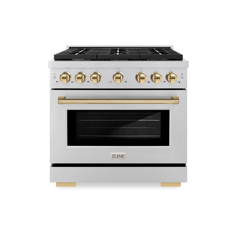 ZLINE Autograph Edition 36-inch 5.2 cu. ft. Dual Fuel Range with 6-Burner Gas Cooktop & Electric Convection Oven - Stainless Steel with Polished Gold Accents (SDRZ 36 G) - Perfect for Professional Home Chefs & Modern Kitchens