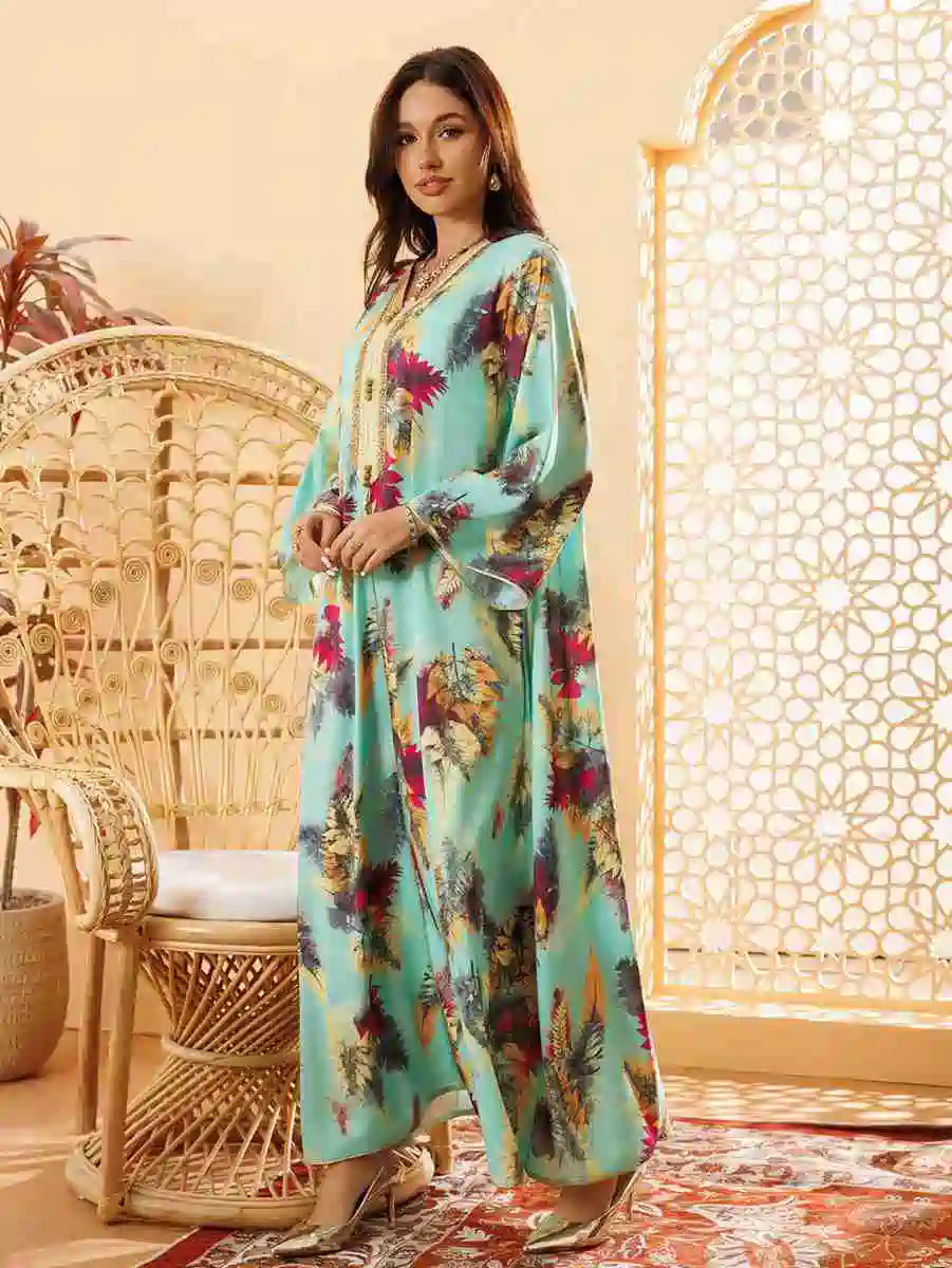 Elegant Hotfix Rhinestone Printed Eid Caftan Dress for Women - Perfect for Eid Celebrations, Weddings & Special Occasions