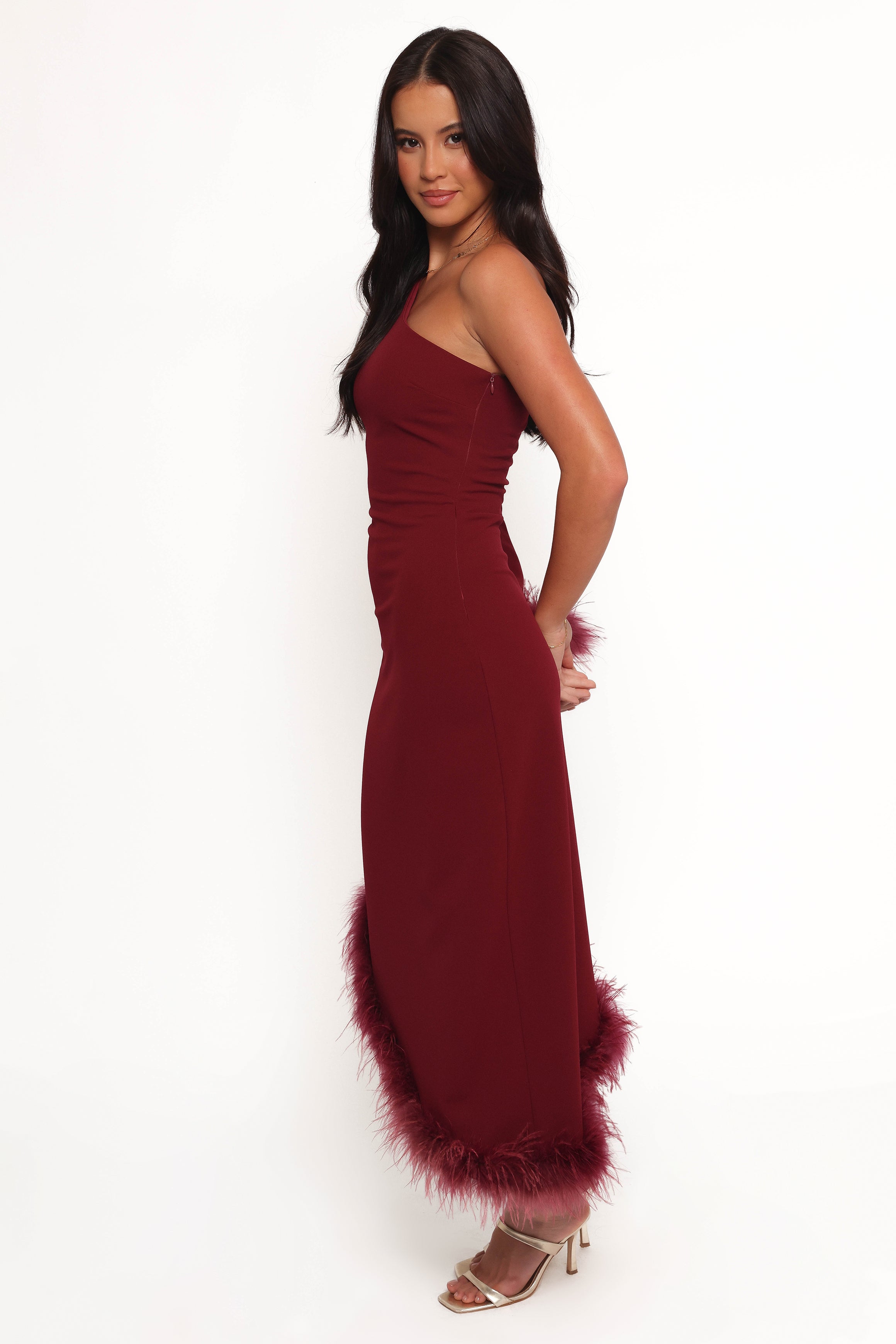 Elegant One Shoulder Midi Dress in Deep Wine Red - Perfect for Cocktail Parties, Date Nights & Special Occasions