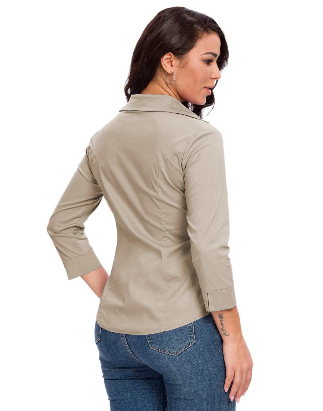 Women's Button Down Shirts - Formal 3/4 Sleeve White Stretch Blouse for Office & Summer Wear | Breathable Dress Shirt for Business, Cocktail Parties & Casual Outings