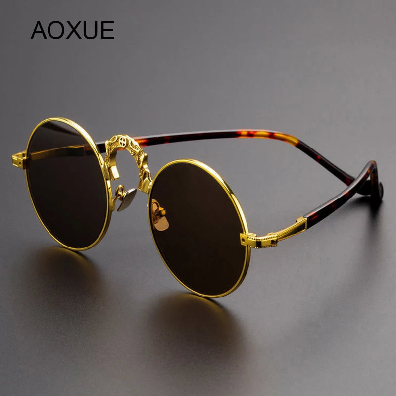 Aoxue Unisex Full Rim Round Copper Sunglasses 6054 - Vintage Style UV Protection Eyewear for Men & Women | Perfect for Beach, Driving, and Outdoor Activities