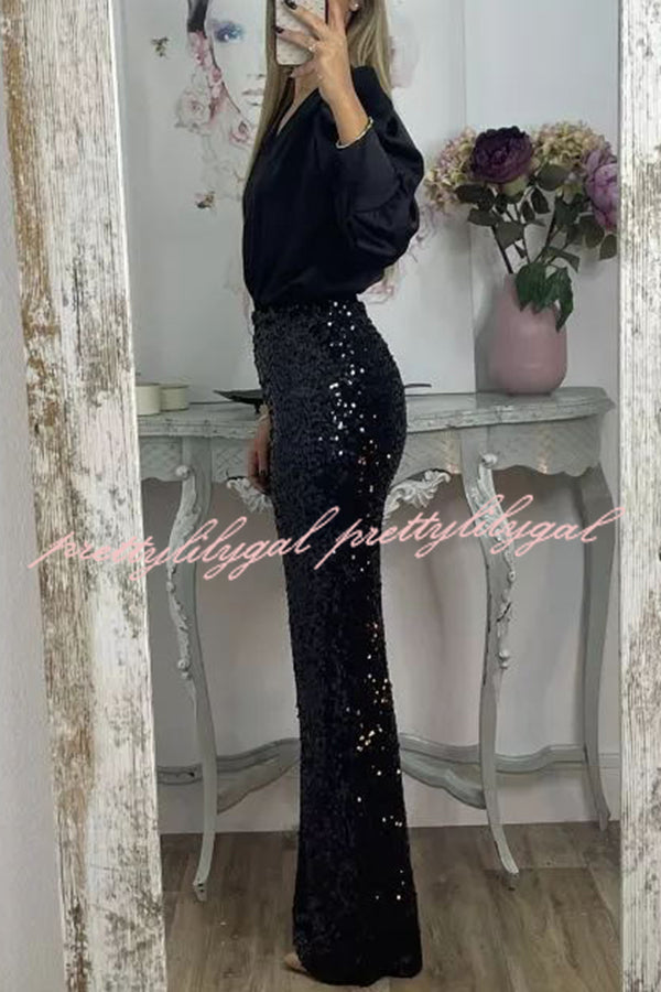 Glitzy Glamour Sequin High-Rise Elastic Waist Wide Leg Pants for Women - Party, Clubwear & Evening Outfits