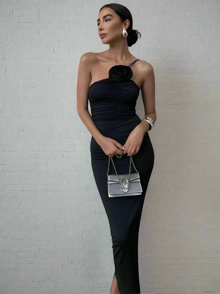 Elegant Backless 3D Floral Applique Long Evening Dress for Women - Blue & Black Summer Party Gown | Perfect for Formal Events, Weddings & Prom Nights