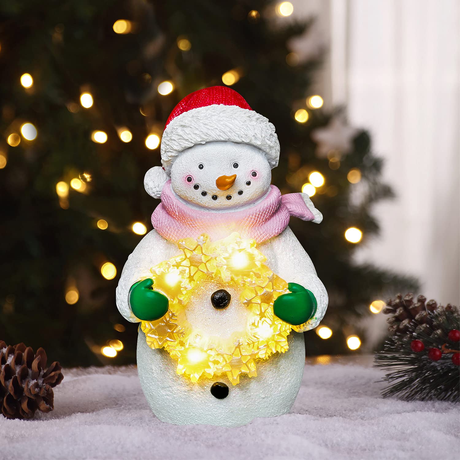 Decorative Snowman Figure with Lighted Wreath - Battery Operated Christmas Tabletop Decoration with Timer - Perfect for Holiday Home Décor, Mantel Display & Festive Party Centerpiece