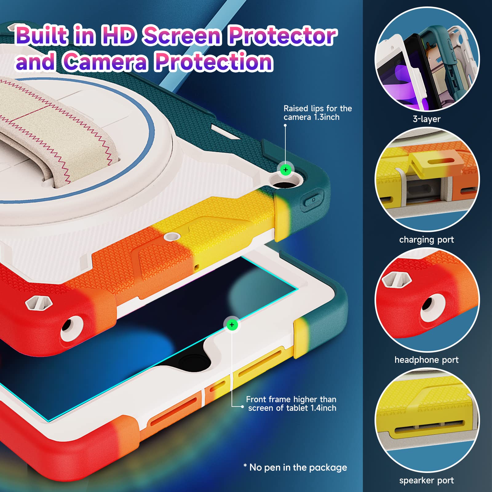 Shockproof iPad Case for Kids - Compatible with iPad 10.2 inch (9th/8th/7th Gen 2021/2020/2019) | Includes Screen Protector, Rotating Stand, Hand Strap, Shoulder Strap & Pencil Holder | Perfect for School, Travel & Outdoor Activities