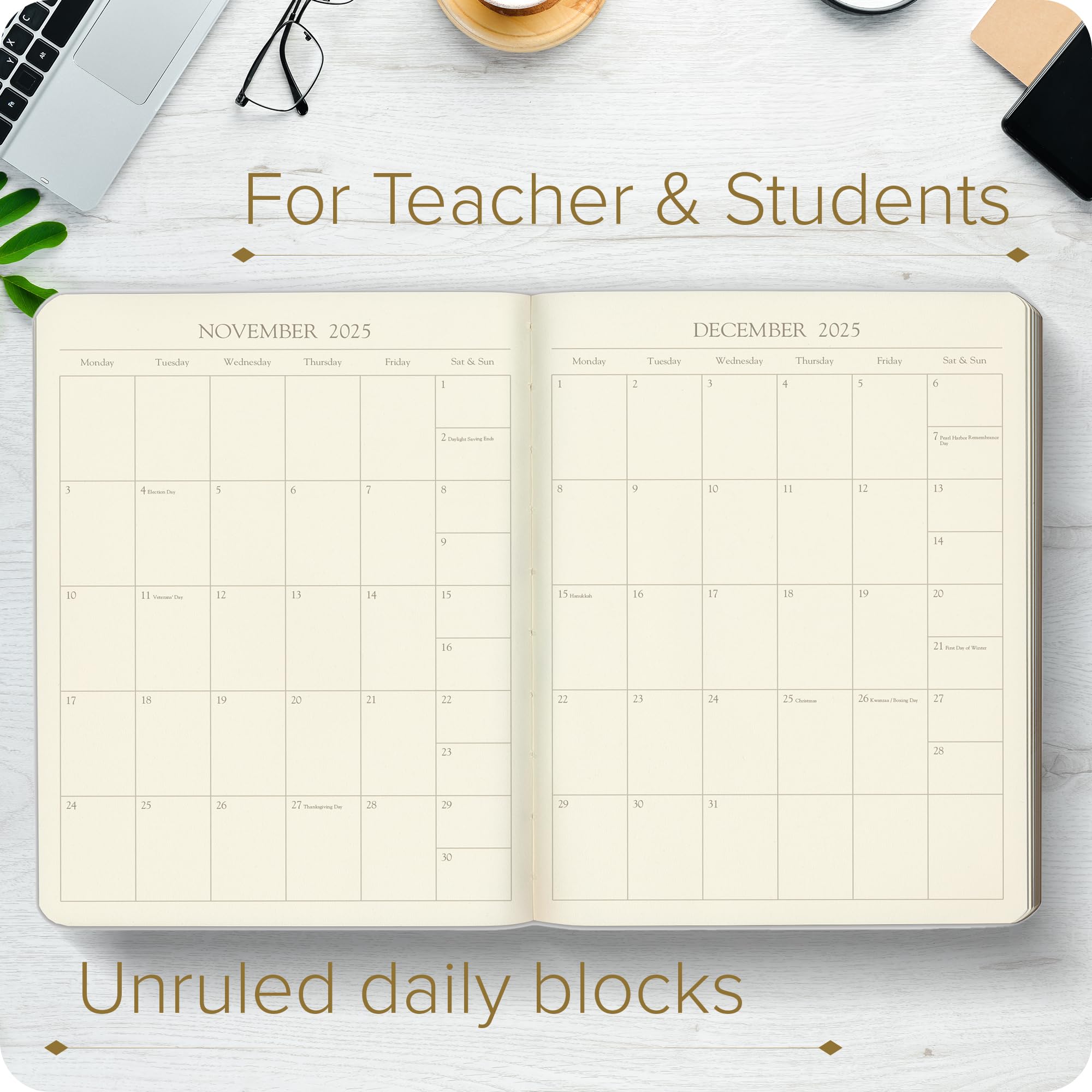 2025 Gallery Leather Academic Planner - Elegant Weekly & Monthly Calendar for Teachers & Students, Gold-Gilded Page Edges, 18-Month (Sept 2024-Dec 2025), 9