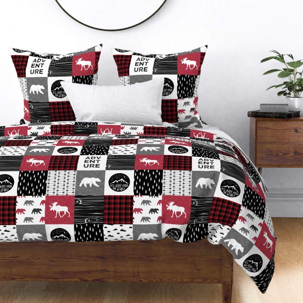 Happy Camper Cotton Sateen Duvet Cover Twin Size - Lumberjack Collection Camping Patchwork Design with Woodland Bear Print | Custom Bedding for Kids & Nursery | Perfect for Camping Themed Bedrooms & Cozy Cabin Decor
