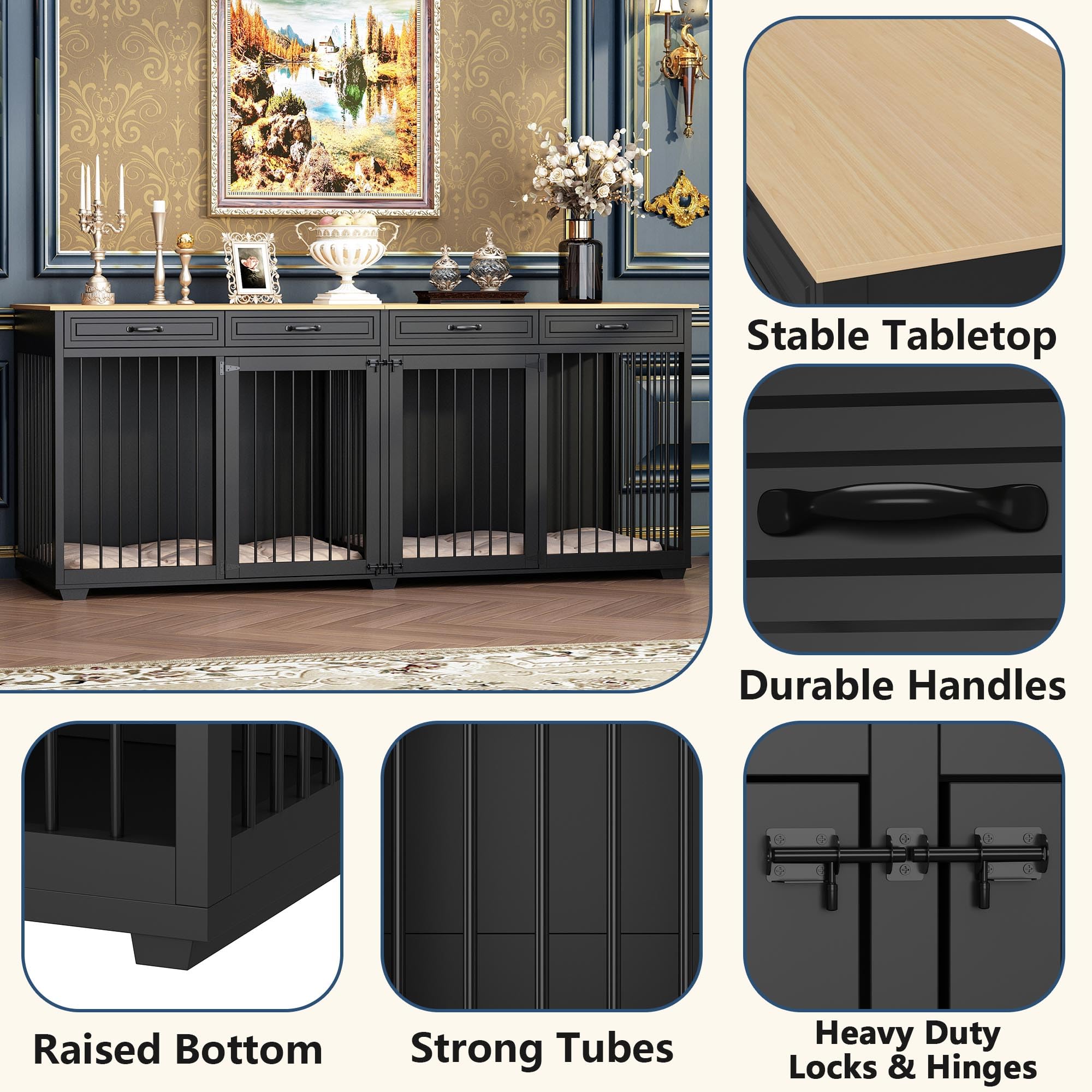 86.6 Inch Large Dog Crate Furniture - Heavy Duty Wooden Dog Kennel with Drawers & Divider, Indoor Dog House with Double Rooms for Large Medium Small Dogs - Perfect for Living Room, Bedroom or Home Office (Black)