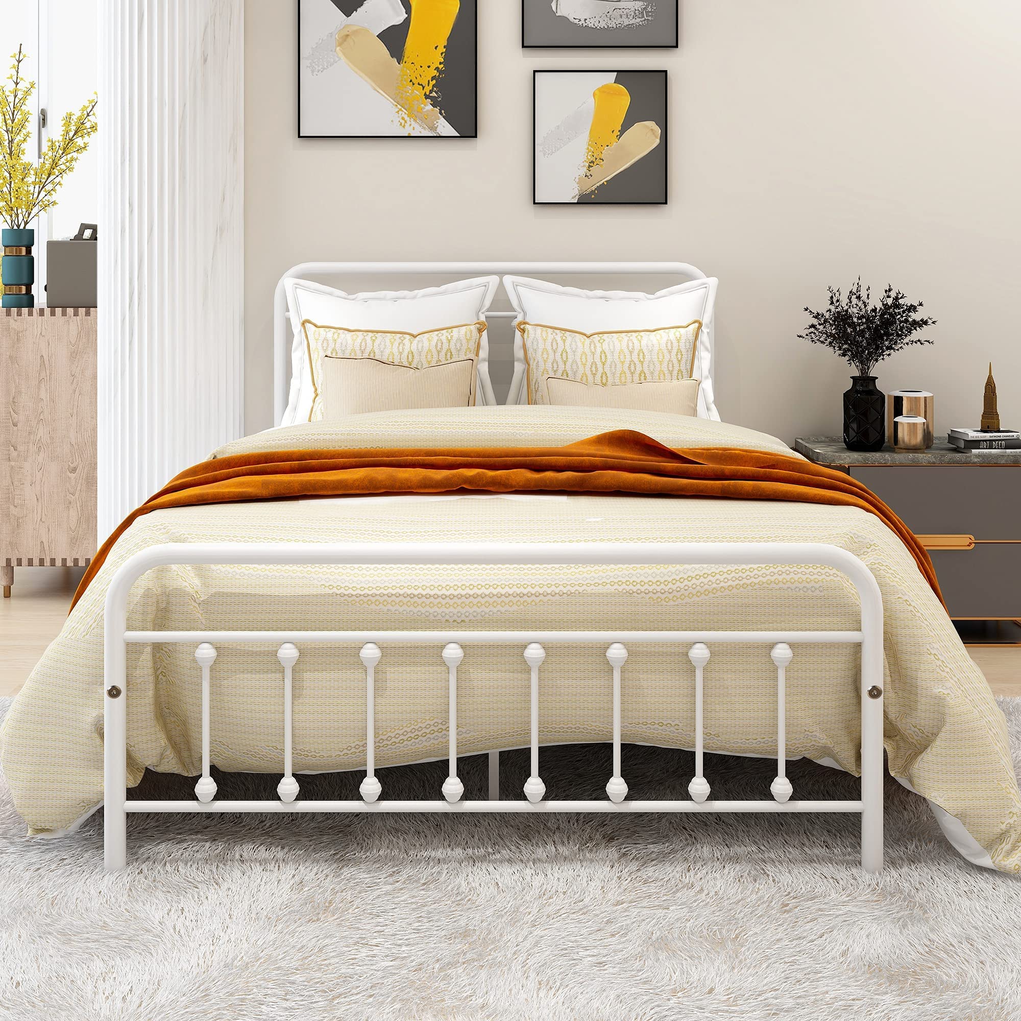 Vintage Full Size Metal Bed Frame with Headboard & Footboard - Heavy Duty Sturdy Mattress Foundation, No Box Spring Needed (White) - Perfect for Bedroom, Guest Room, Dorm & Apartment Furniture