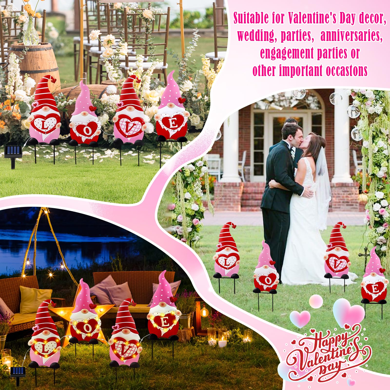 4 Pack Solar-Powered Valentine's Day Gnome Yard Stakes - 25