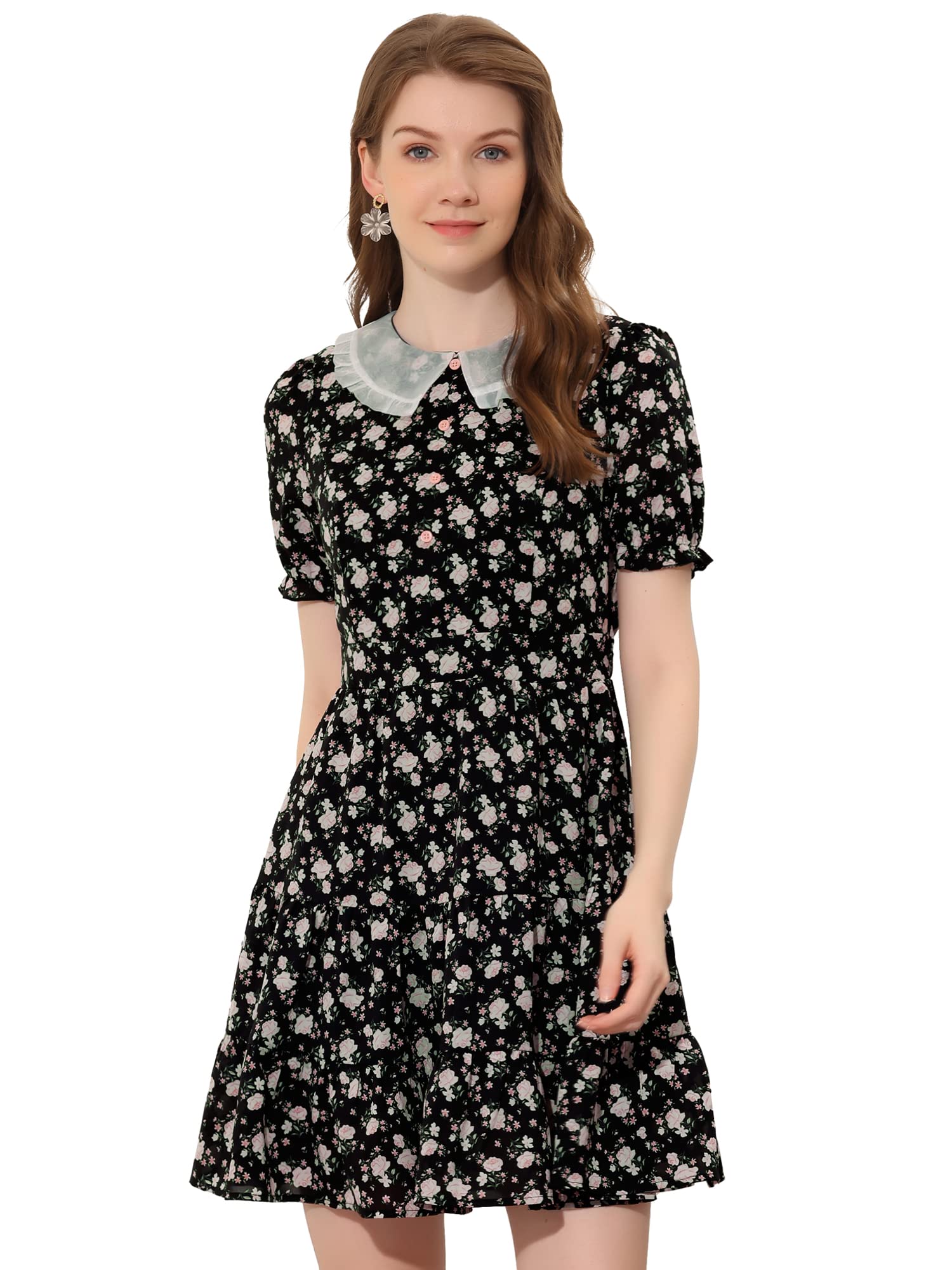 Allegra K Women's Floral Tiered Hem Flare Dress with Peter Pan Collar - Perfect for Summer Parties, Weddings & Casual Outings