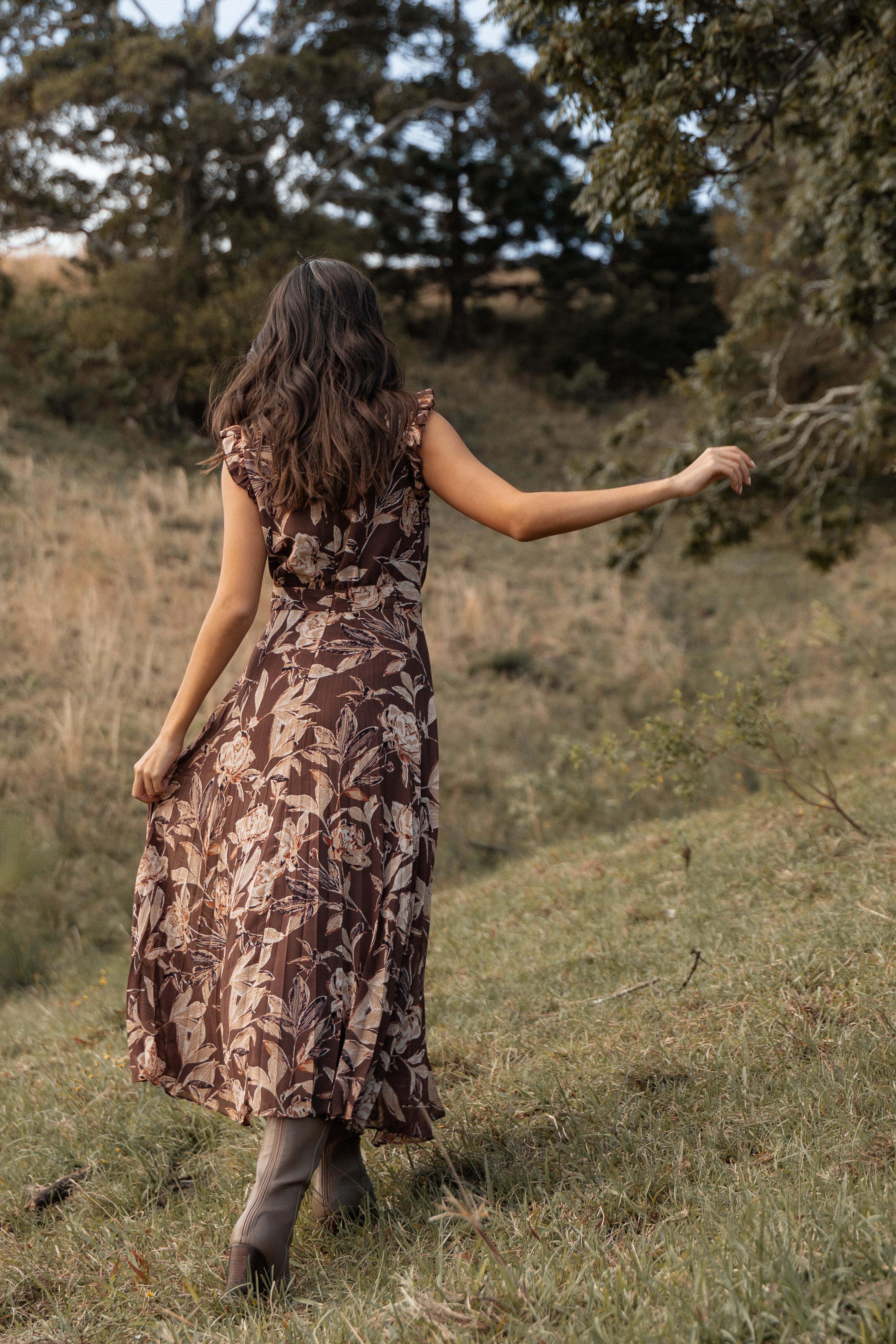 Delphine Maxi Dress - Brown Floral Print Long Boho Dress for Women | Beach Wedding, Vacation & Summer Outfit
