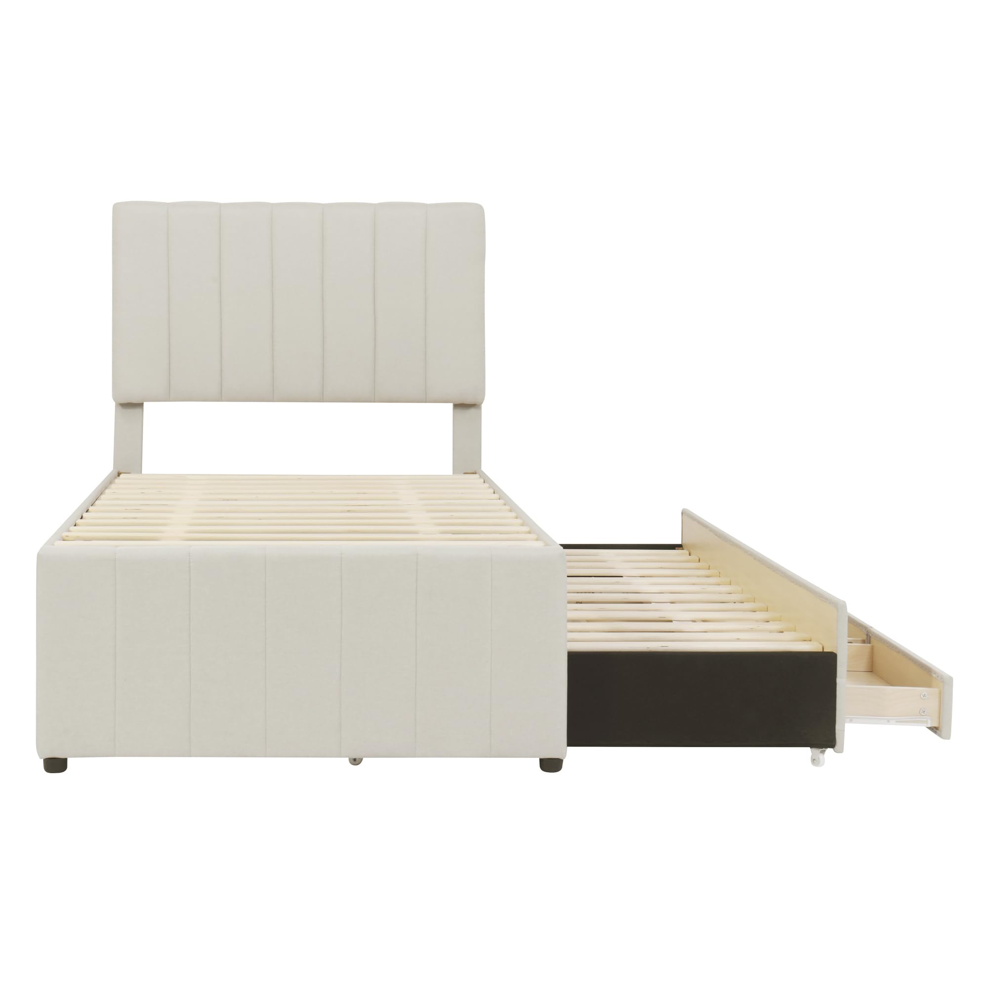 MERITLINE Twin Size Platform Bed with Pull-Out Trundle & 3 Storage Drawers - Linen Upholstered Bed Frame with Headboard for Kids, Teens & Adults - Space-Saving Bedroom Furniture for Small Rooms & Guest Rooms (Twin, Beige)