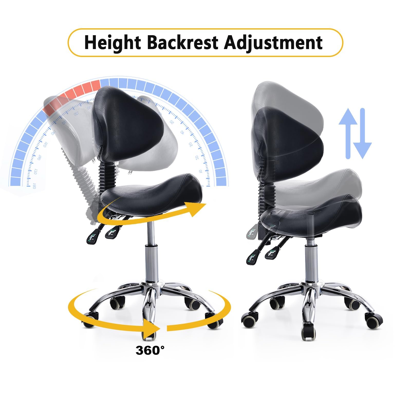 Ergonomic Rolling Saddle Stool with Wheels - Adjustable Hydraulic Stool for Lash, Nail Art, Tattoo, Dentist, Clinic, Salon & Spa - Perfect for Massage, Facial, Office & Home Use (Black)