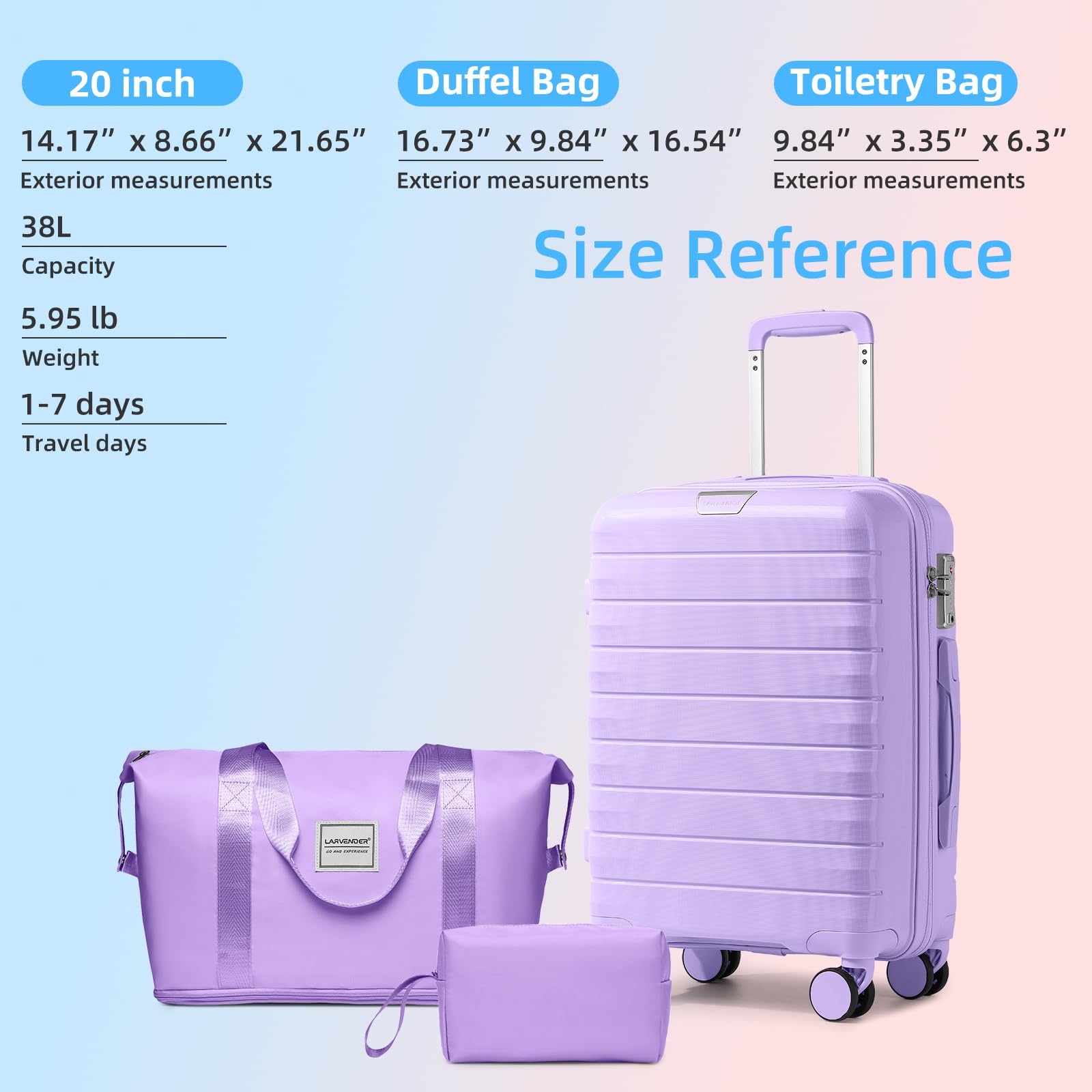 3-Piece Lavender Luggage Set with Duffel Bag, Hardside PP Carry-On Suitcase, 360° Spinner Wheels & TSA Lock - Perfect for Women's Travel, Business Trips & Vacation Getaways