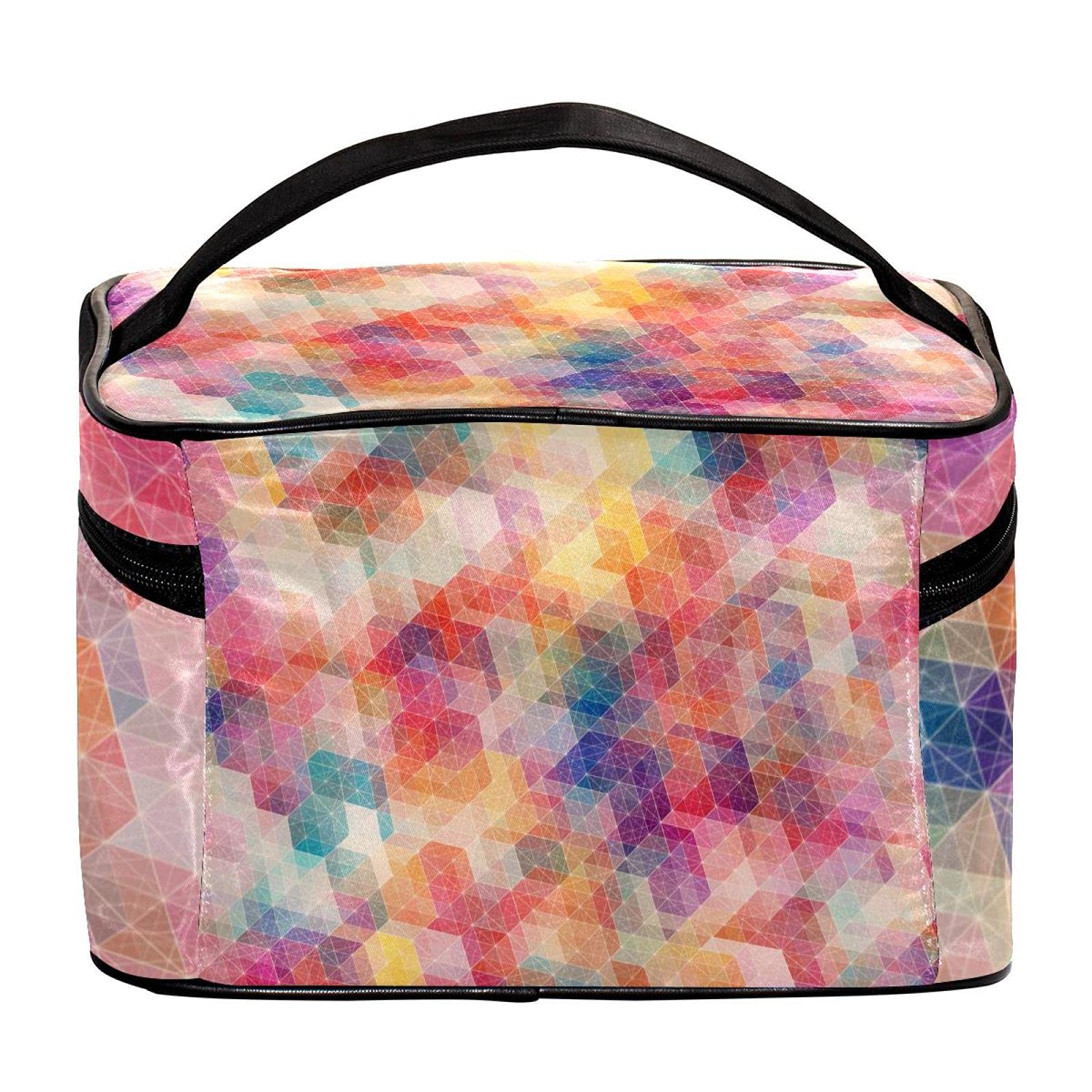 Vibrant Geometric Cube Print Large Travel Makeup Bag - Waterproof Cosmetic Organizer with Zipper for Women & Girls | Perfect for Vacation, Gym, Daily Essentials Storage