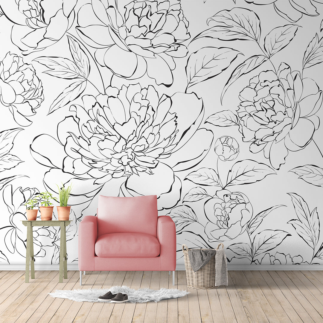 Black & White Line Art Peony Wall Mural CCM077 - Elegant Floral Wall Decal for Living Room, Bedroom & Office Decor