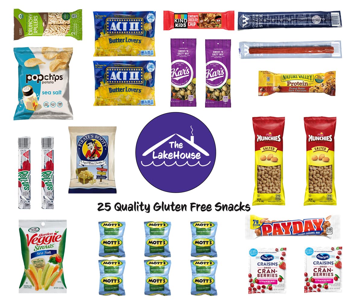 LakeHouse 25 Gluten Free Snacks Variety Pack - Healthy Celiac-Friendly Snacks for Kids & Adults - Allergy Safe Snack Box - Perfect for College Care Packages, Gift Baskets, School Lunches & Office Snacking