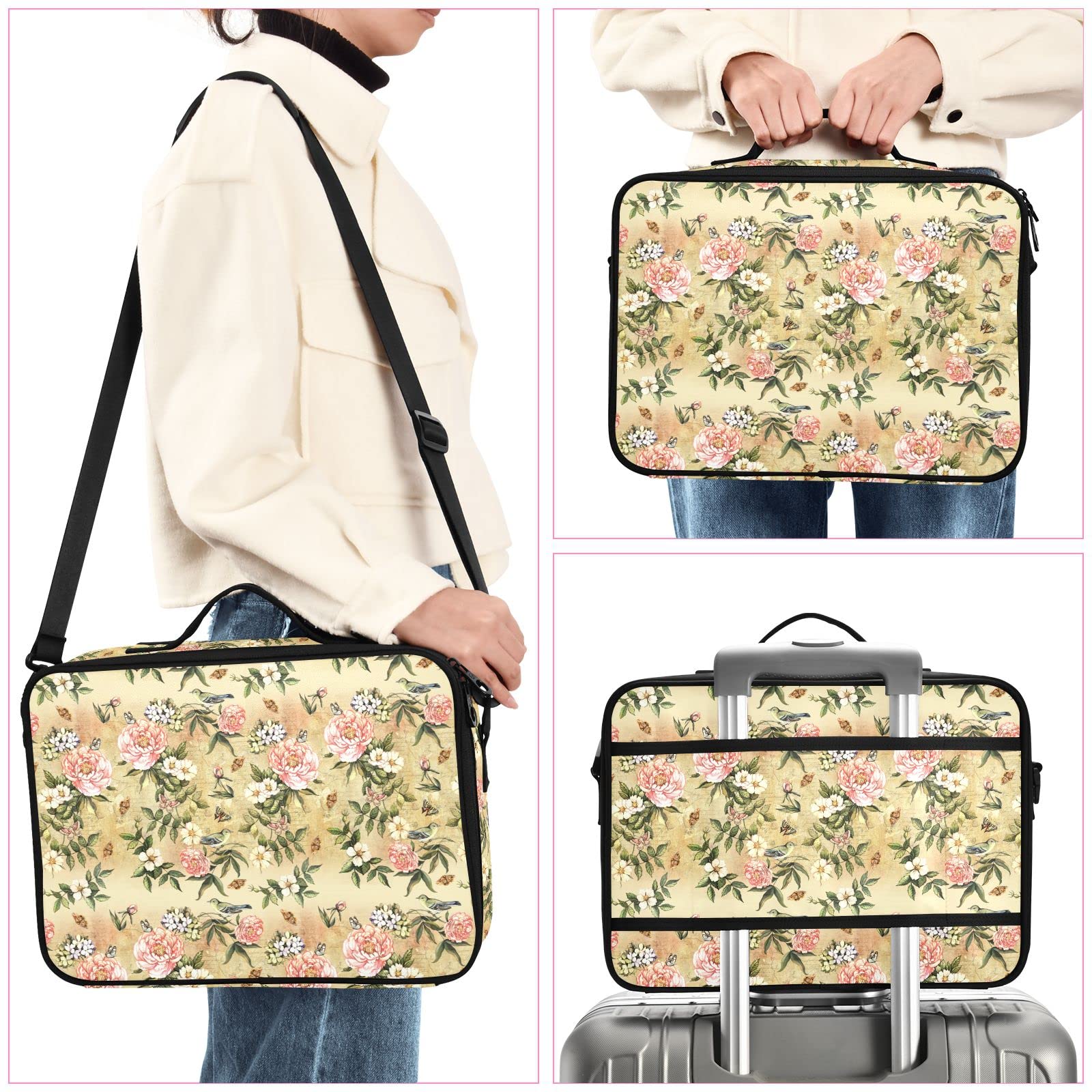 Vintage Bird Flowers Makeup Bag for Women - Travel Cosmetic Organizer for Artists & Professionals