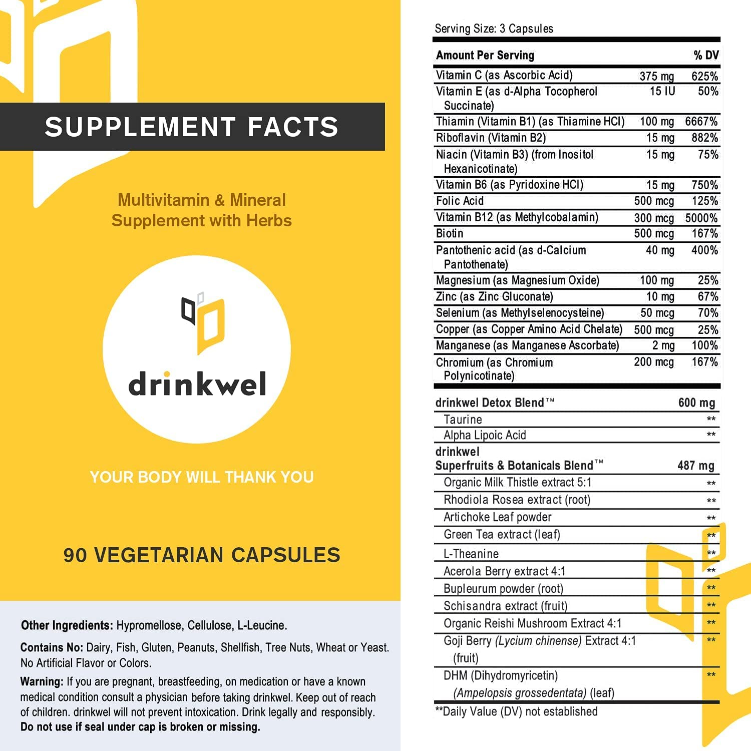 Drinkwel Premium Multivitamin Supplement - Pack of 3 x 90 Capsules for Morning Recovery & Immune Support | Liver Cleanse & Detox with Milk Thistle, Vitamin C, Zinc, Magnesium | Daily Wellness & Hangover Relief for Active Adults