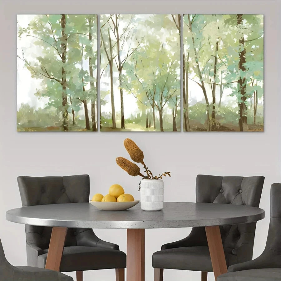 3Pcs Abstract Big & Tall Green Trees Oil Painting Metal Print Wall Art - Ready to Hang, Nature Inspired Home Decor for Living Room, Bedroom & Office