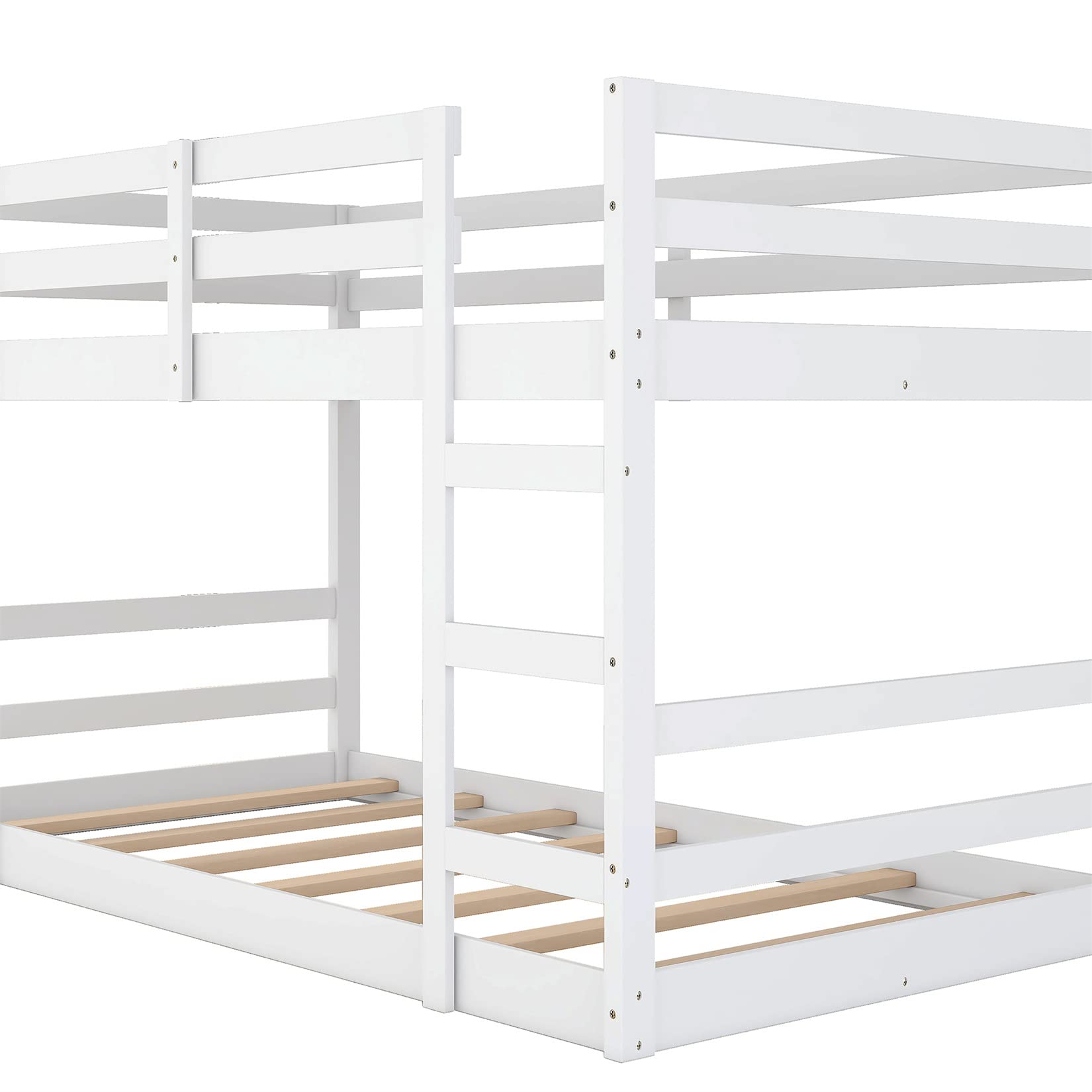 Twin Over Twin Wooden Bunk Bed Frame for Kids & Teens - Low Profile Floor Bunkbed for Boys, Girls, Toddlers - Perfect for Small Bedrooms, Dorms & Shared Kids' Rooms (White)