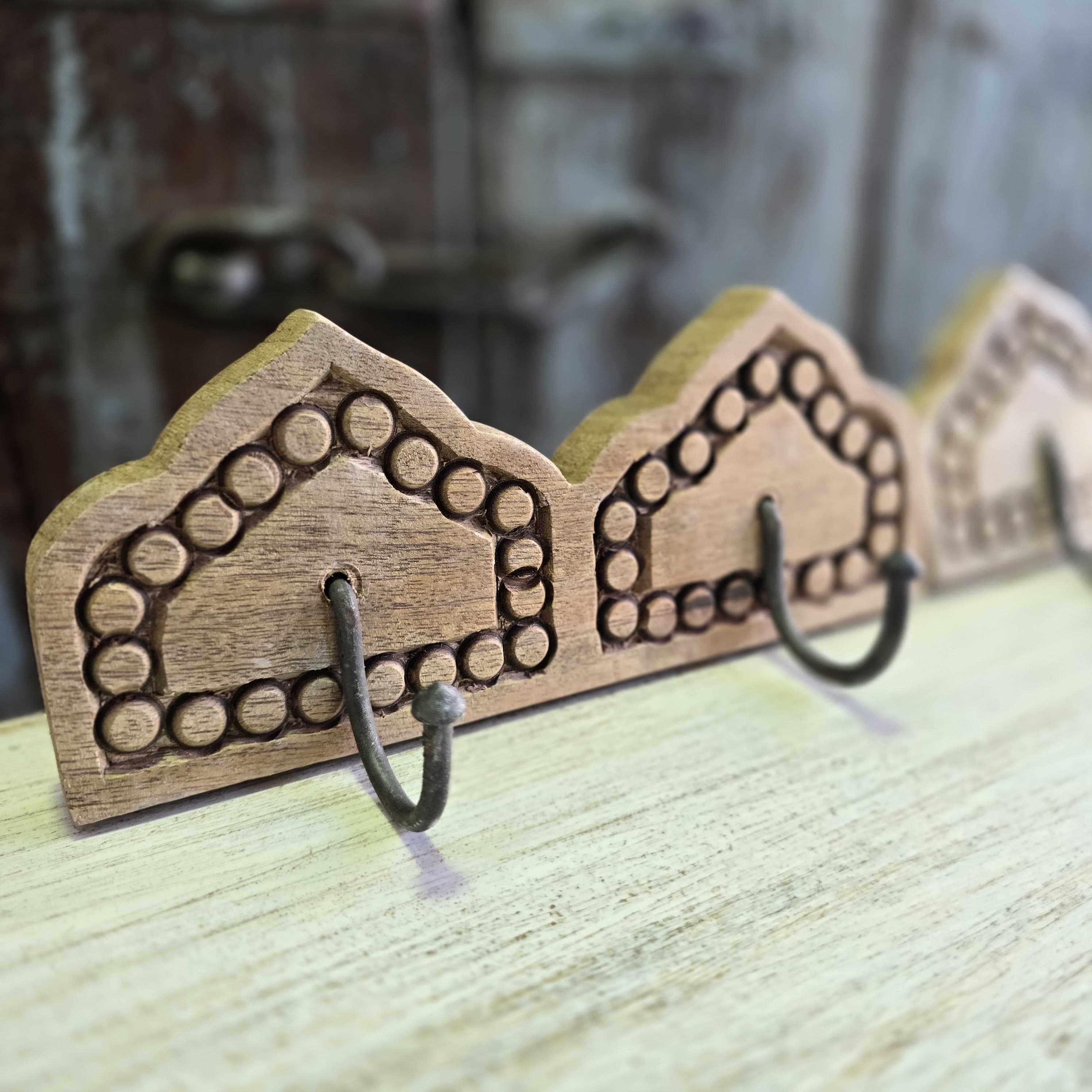 Handmade Carved Solid Wood Wall Hooks - Set of 2 Natural Wooden Coat Hangers for Entryway, Bedroom & Bathroom Organization - Rustic Indian Home Decor