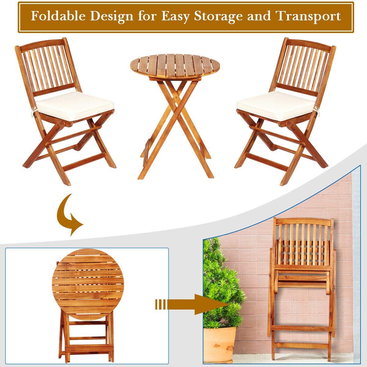 Tangkula 3-Piece Patio Folding Bistro Set - Acacia Wood Outdoor Dining Table & Chairs with Padded Cushions, Round Coffee Table - Perfect for Garden, Poolside, Balcony & Indoor Use (Cream)