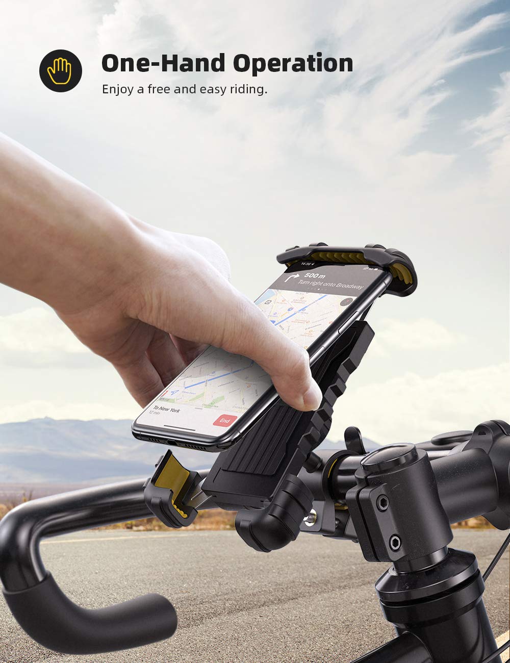 Lamicall 360° Rotating Bike Phone Mount & Motorcycle Phone Holder - Universal Handlebar Phone Stand for iPhone 16/15/14/13/12 Pro Max/Plus/Mini/XS/XR/X/8, Samsung, Huawei (4.7-6.8 Inch) - Yellow | Perfect for Cycling, Motorcycling & Outdoor Adventures