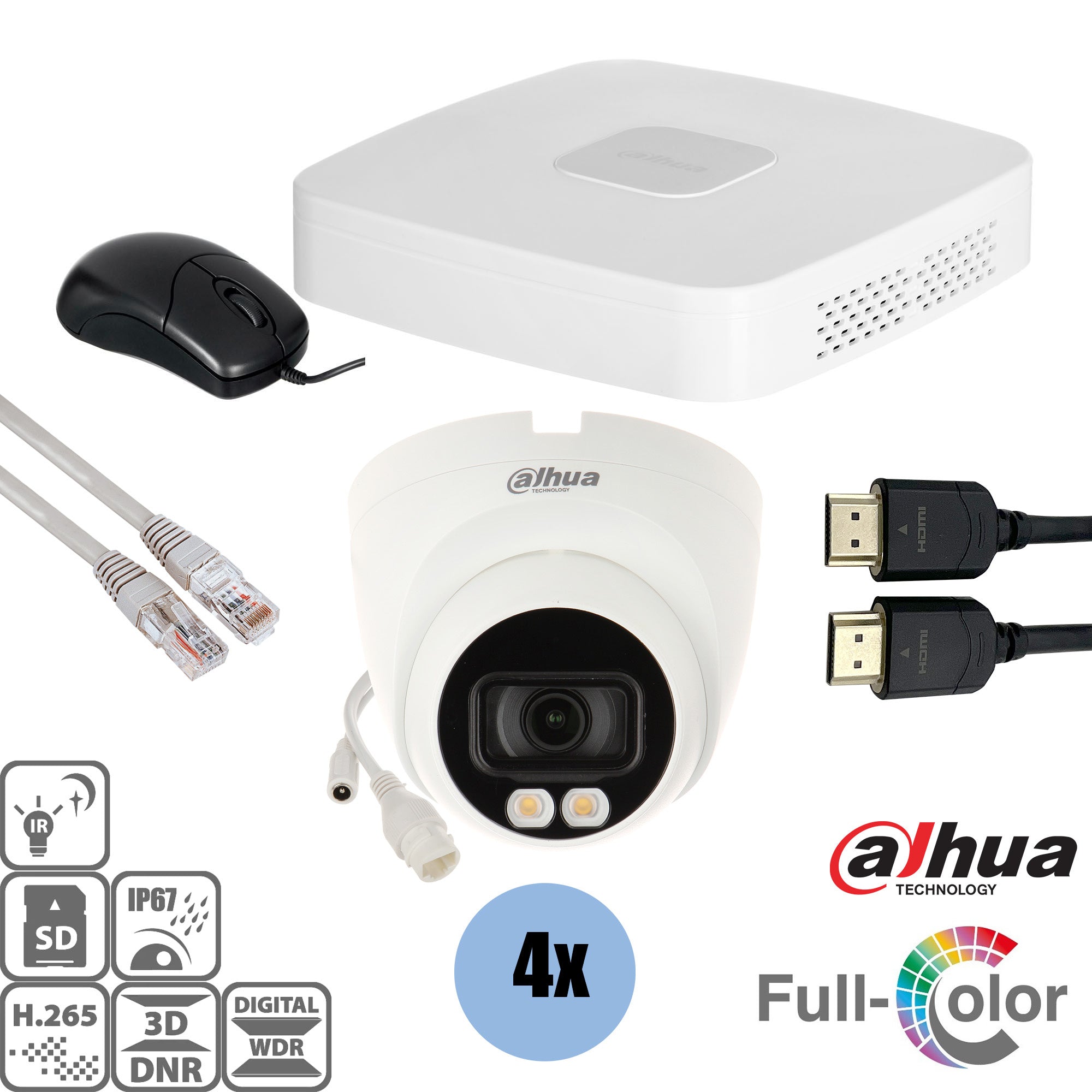 4MP Full Color Turret Security Camera Set with Recorder & Cables - 4 Pack for Home, Office & Outdoor Surveillance (Night Vision, Weatherproof)