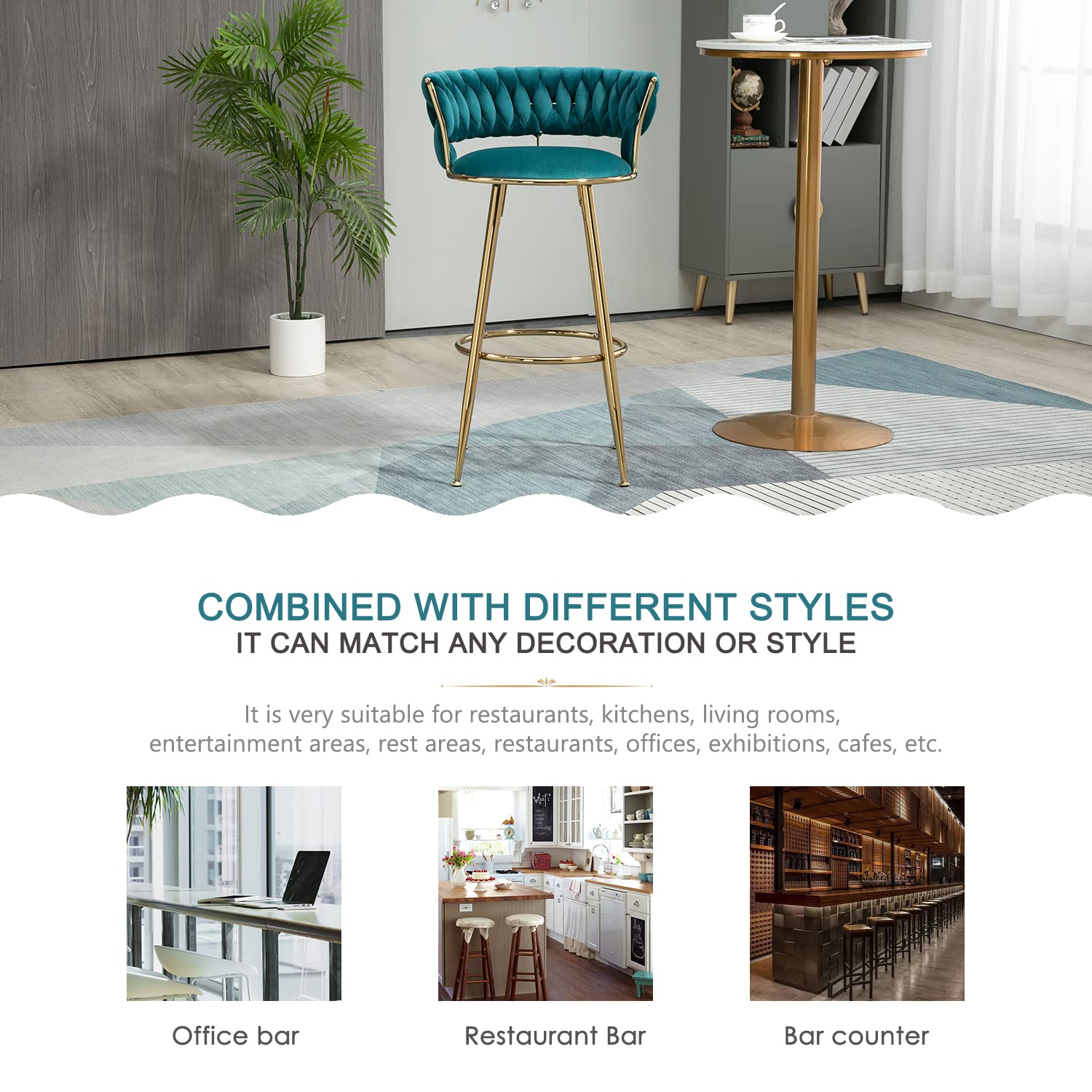 Velvet Modern Bar Stools with Woven Back & Gold Footrest - Counter Height Bar Chairs for Kitchen Island, Dining Room, Pub - Teal Velvet Upholstery - Perfect for Home Bars, Breakfast Nooks & Entertainment Areas