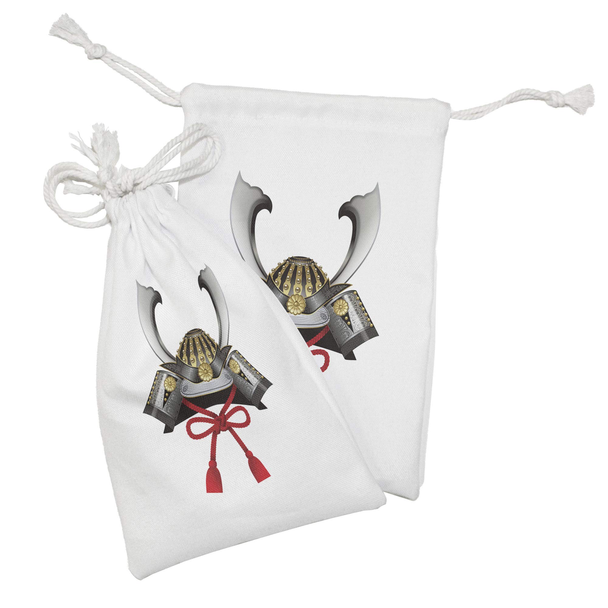 Ambesonne Japanese Fabric Pouch Set of 2 - Classic Kabuto Samurai Helmet Design, Small Drawstring Bags for Toiletries, Makeup, Jewelry & Party Favors (9