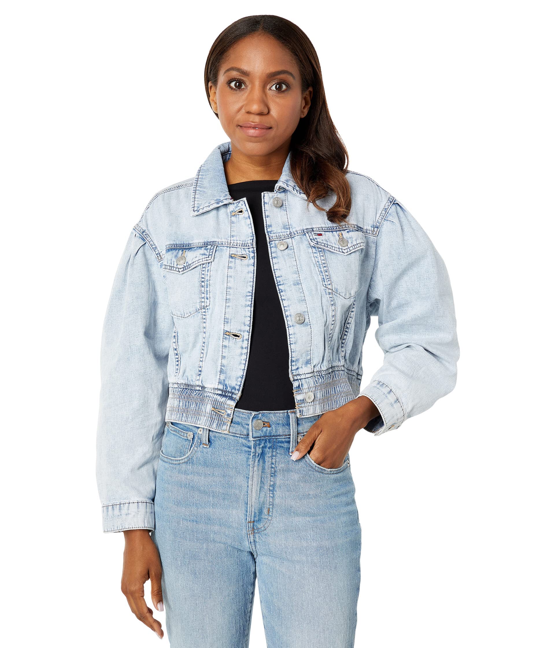 Tommy Jeans Women's Balloon Sleeve Denim Jacket - Vintage Washed Blue Denim Coat for Casual Outfits & Streetwear Fashion