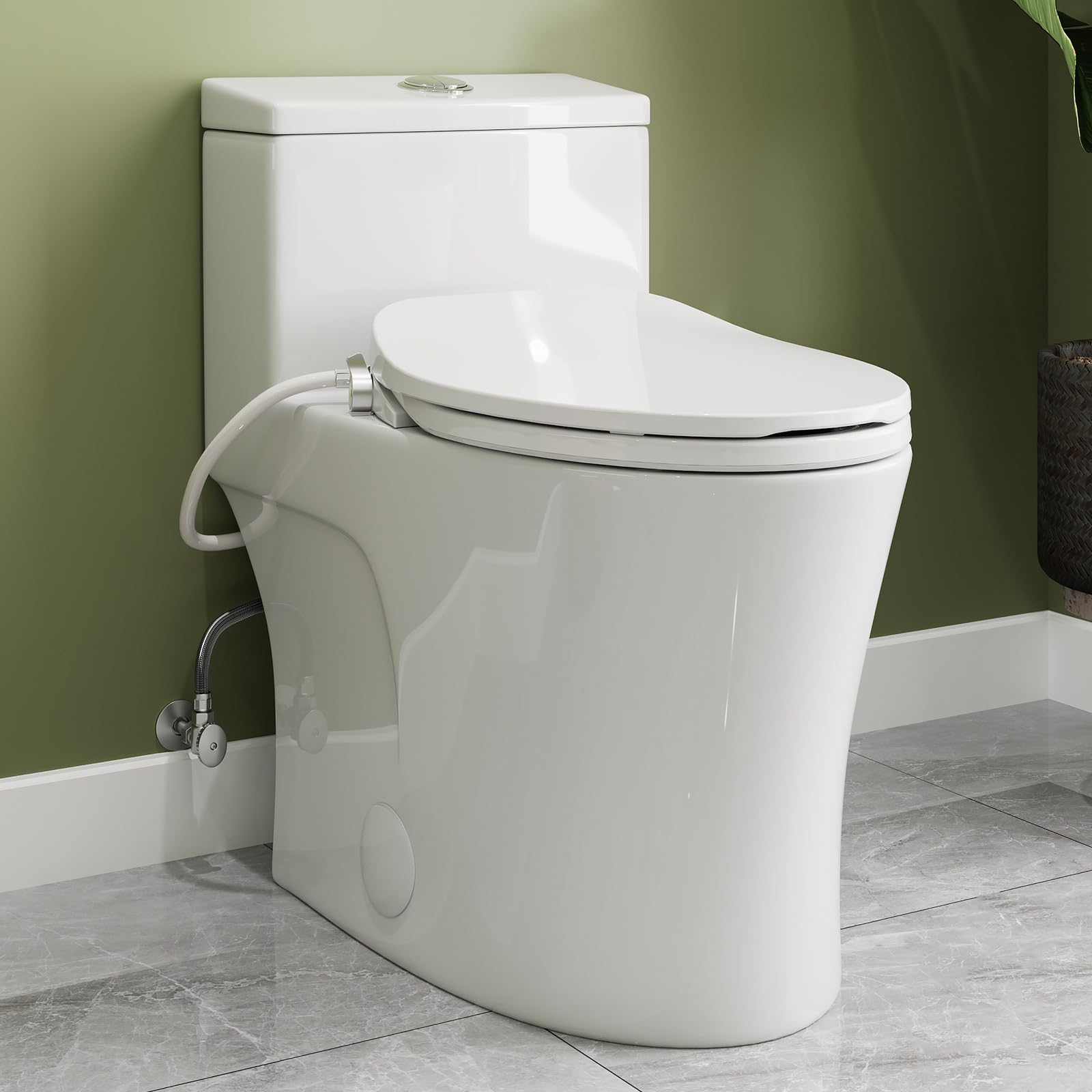 HOROW T0338W One Piece Toilet with Non-Electric Bidet Seat - Elongated ADA Compliant Chair Height Toilet with Adjustable Nozzles, Dual Flush & Soft Close Seat - White (MAP 1000g) - Perfect for Modern Bathrooms, Elderly-Friendly Homes & Water-Saving Households