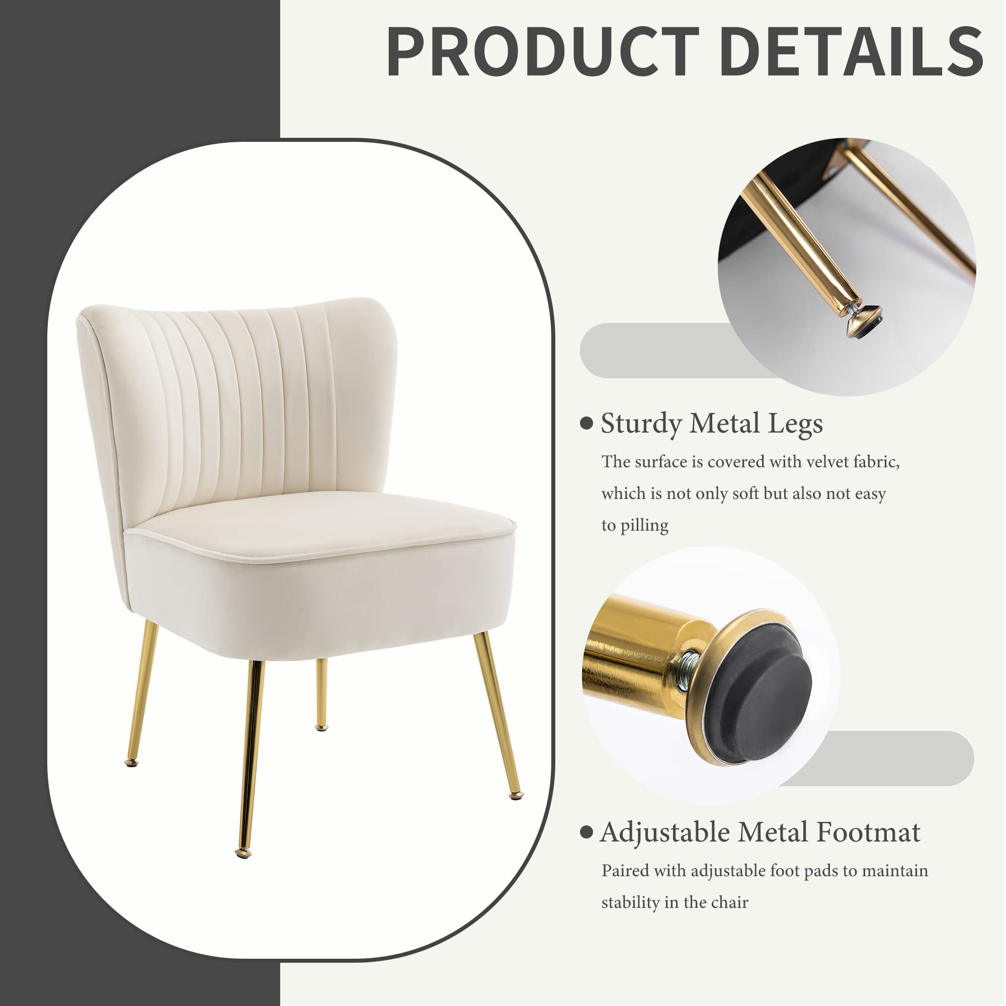 KCC Modern Velvet Upholstered Accent Chair Set of 2 - Mid Century Living Room Chairs with Golden Metal Legs, Comfortable Armless Wingback Side Chairs for Bedroom, Office or Lounge (Beige) - Perfect for Small Spaces, Reading Nooks and Guest Seating