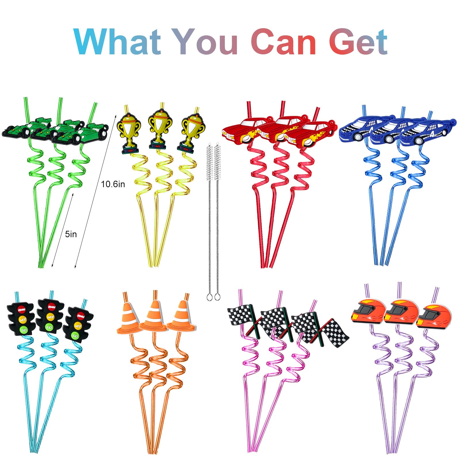 24 Pack Race Car Themed Reusable Straws - BPA Free Plastic Drinking Straws for Kids Birthday Parties, Sports Events & Decorations - Includes 2 Cleaning Brushes for Easy Maintenance - Perfect for Juice, Smoothies & Cocktails