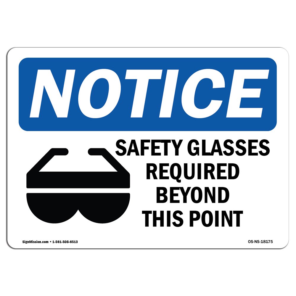 OSHA Safety Signs - 'Safety Glasses Required Beyond This Point' Vinyl Label Decal with Symbol | Durable Work Site Warning Sign for Construction Zones & Industrial Areas | Made in USA