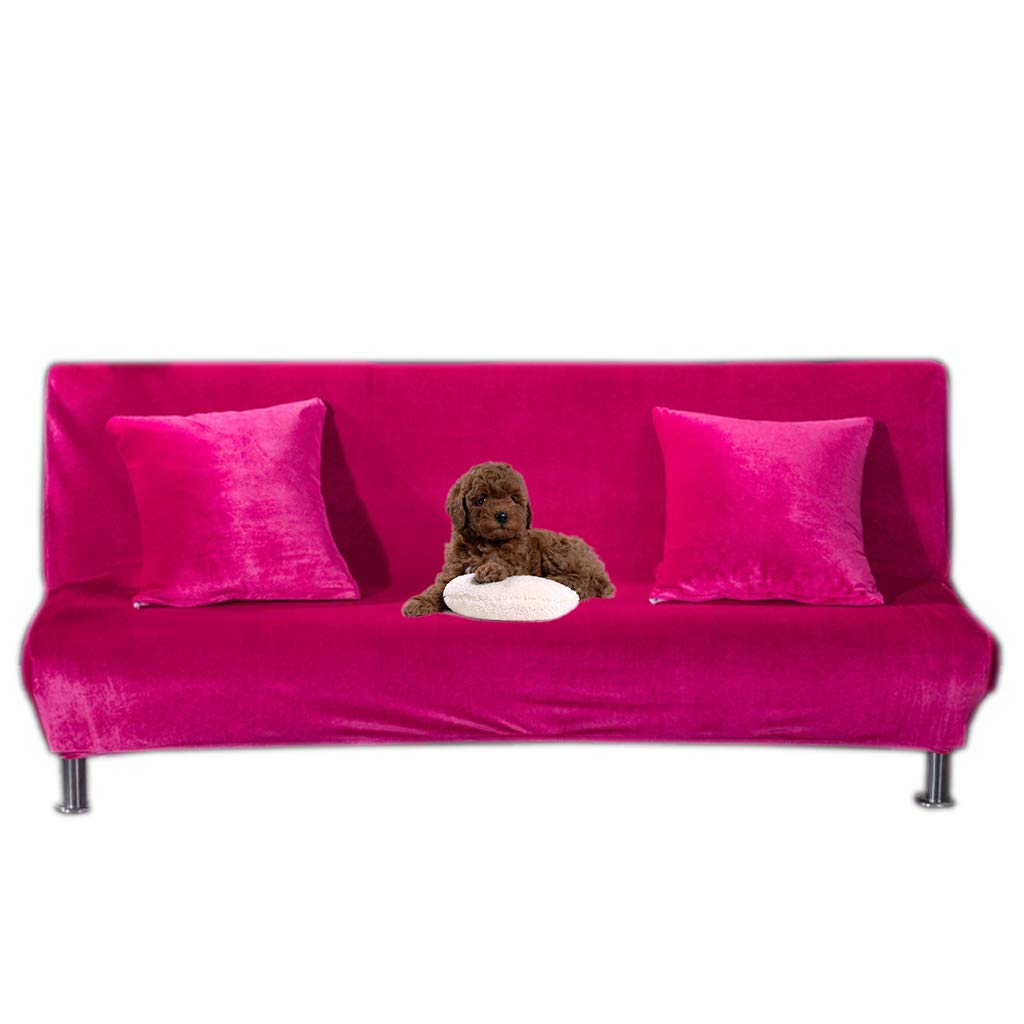 Velvet Sofa Bed Cover - Full Size Slipcover for Futon, Patio Couch & Bench - Stretchable Elastic Armless Design - Solid Color Rose - Fits 47