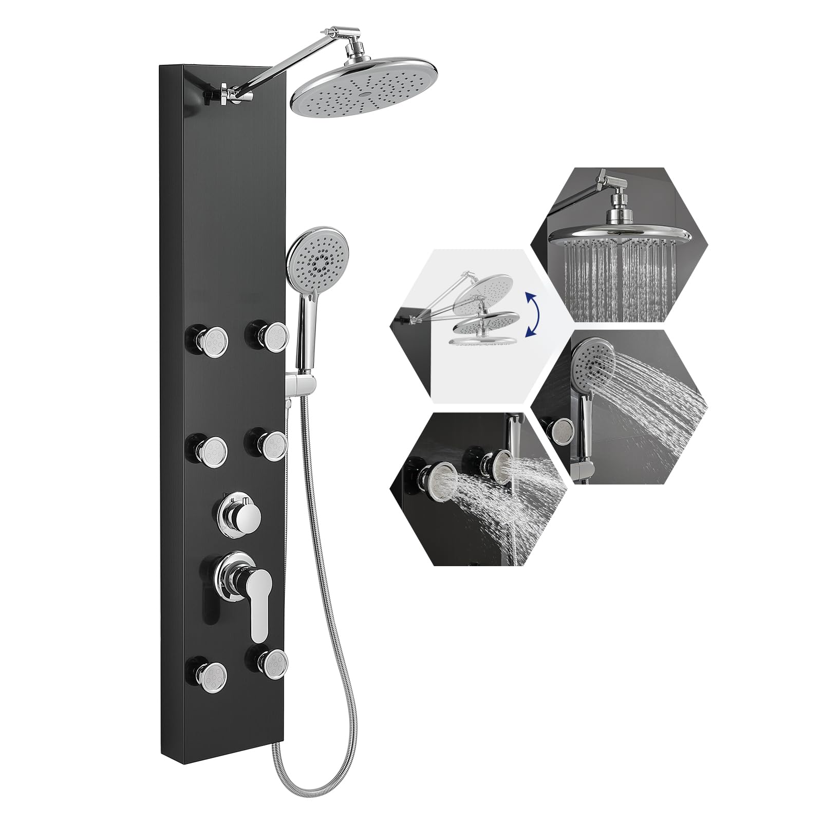 ROVATE 6-Jet Stainless Steel Shower Panel System with Rainfall Shower Head & Handheld Spray - Black Wall Mounted Shower Column for Spa-Like Bathroom Experience - Perfect for Master Bath, Luxury Home & Hotel Renovations