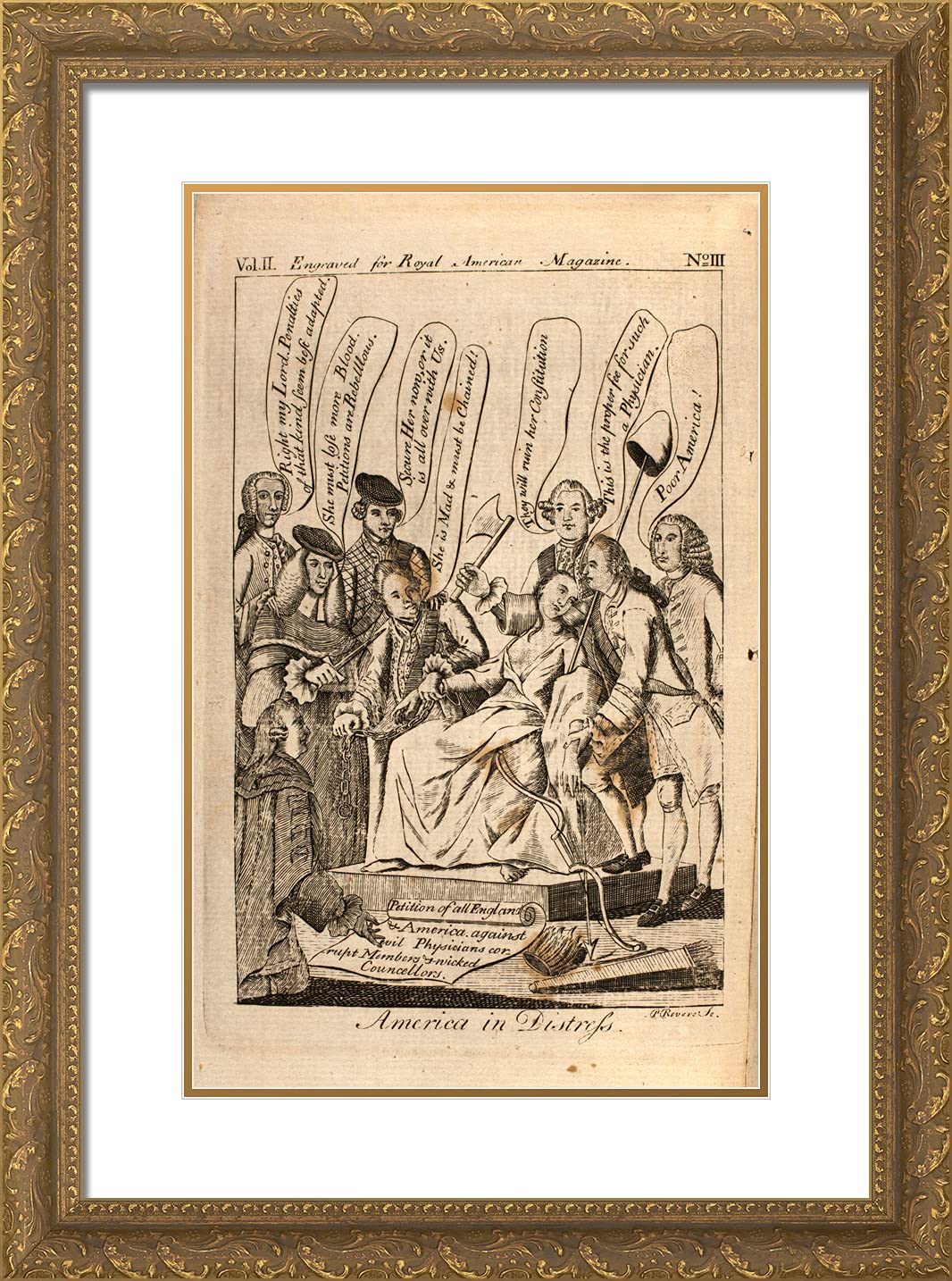 Paul Revere 'America in Distress' 18x24 Gold Ornate Framed Art Print with Double Matting - Vintage Patriotic Wall Decor for Living Room, Office & Study